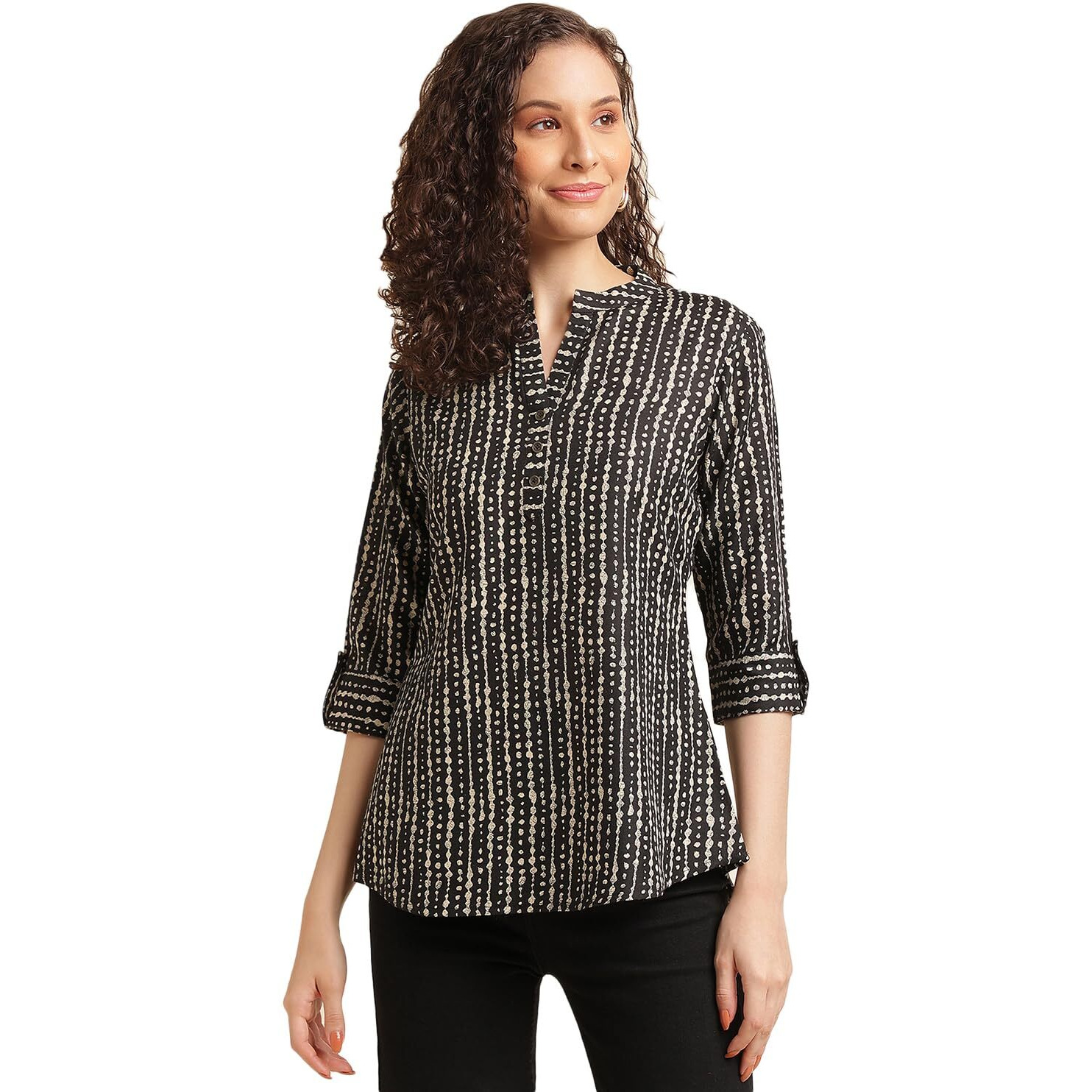 NAINVISH Women's Cotton Blend Mandarin Neck Regular Fit Printed Top (SD496_L_Black)