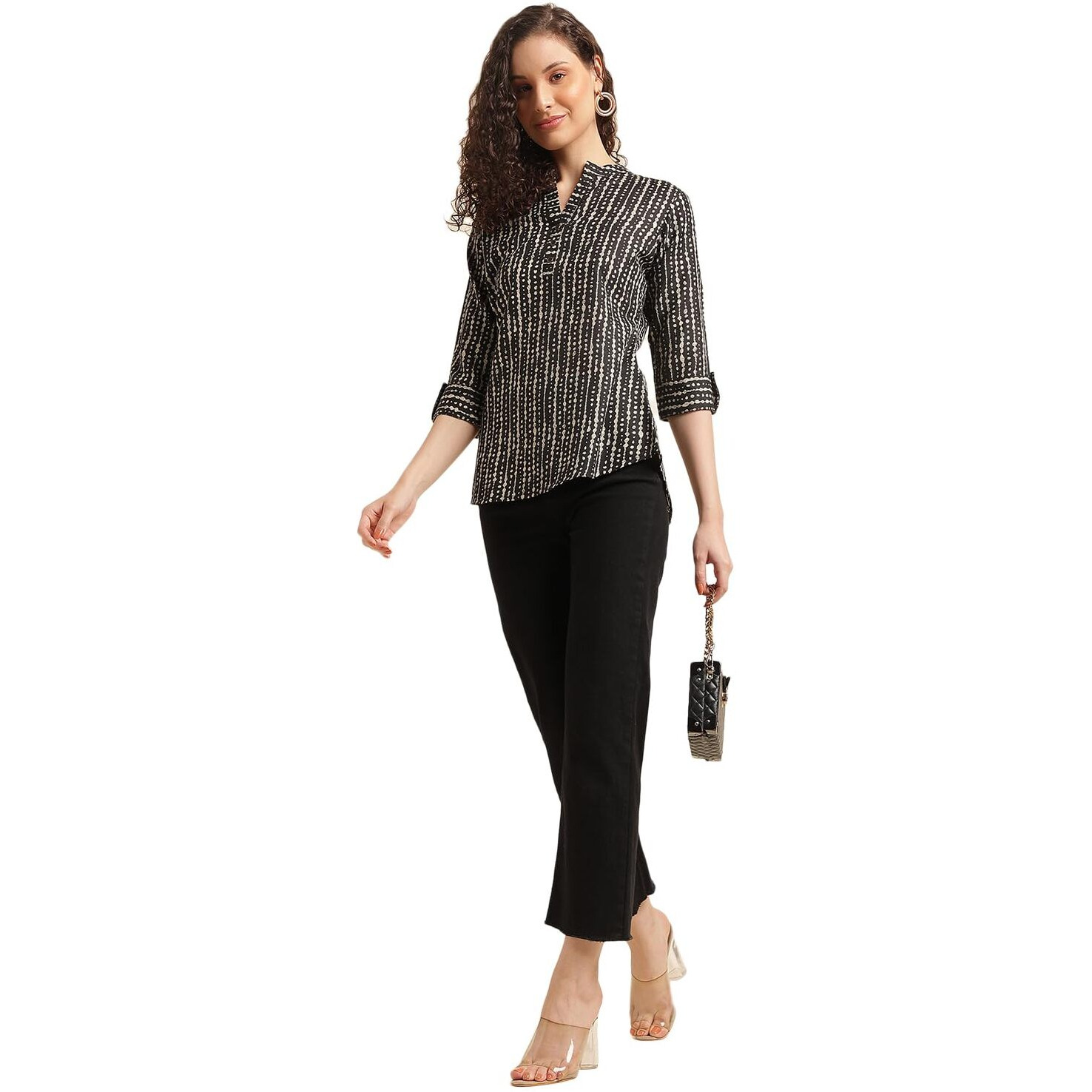 NAINVISH Women's Cotton Blend Mandarin Neck Regular Fit Printed Top (SD496_L_Black)