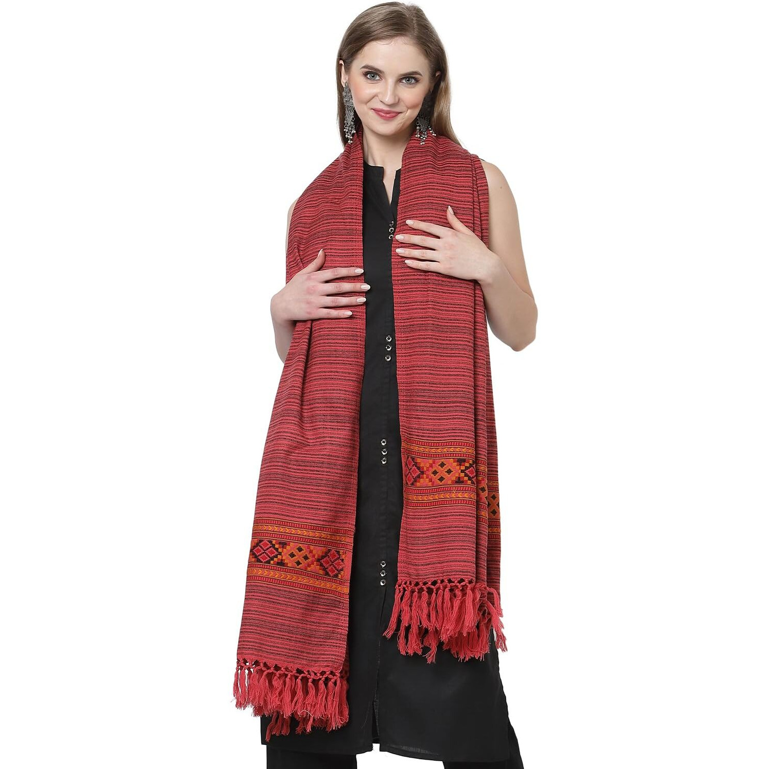 Weavers Villa Women's Cashmere Woven Kullu Design Woven Shawl (SH-400, Red), 100cm X 200cm