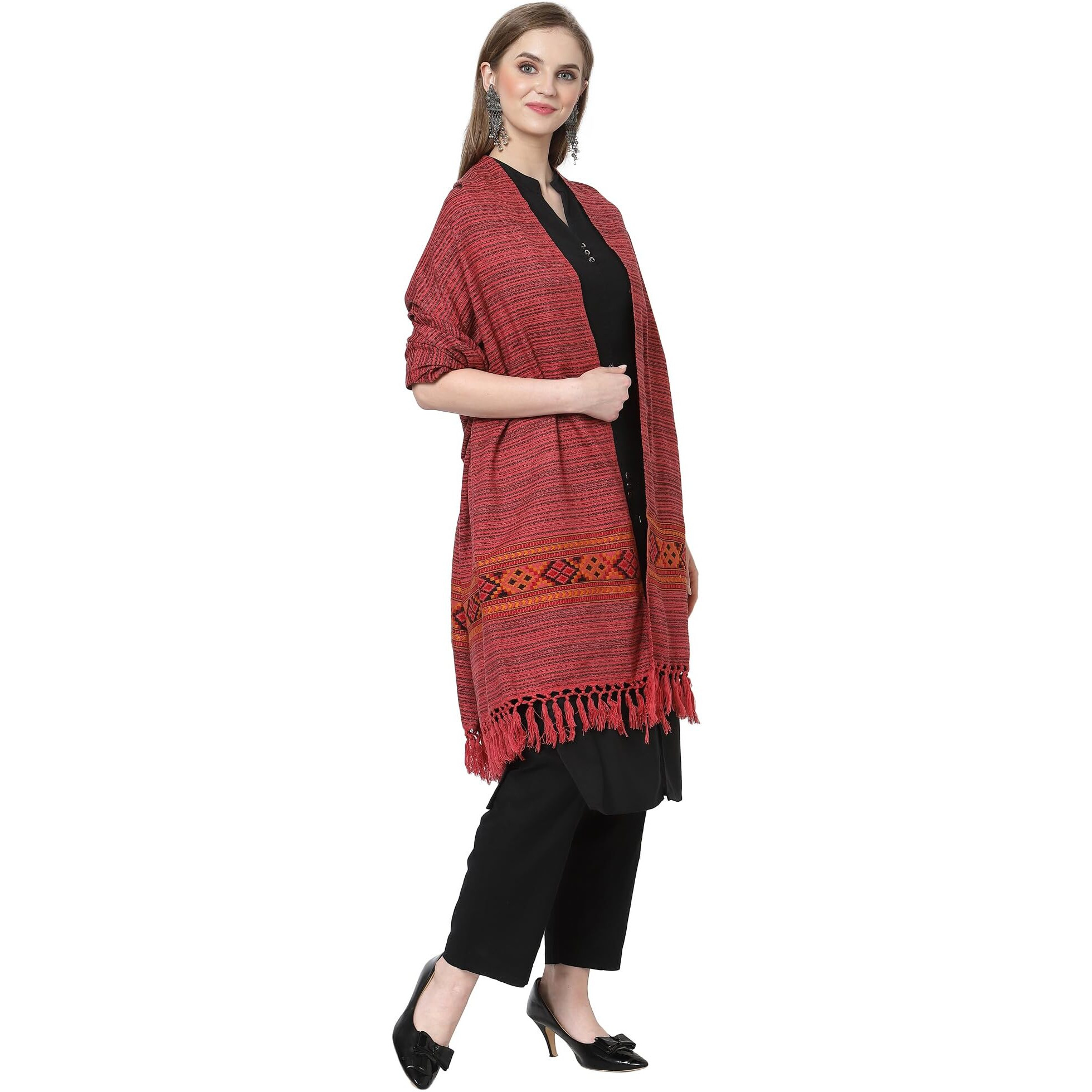 Weavers Villa Women's Cashmere Woven Kullu Design Woven Shawl (SH-400, Red), 100cm X 200cm