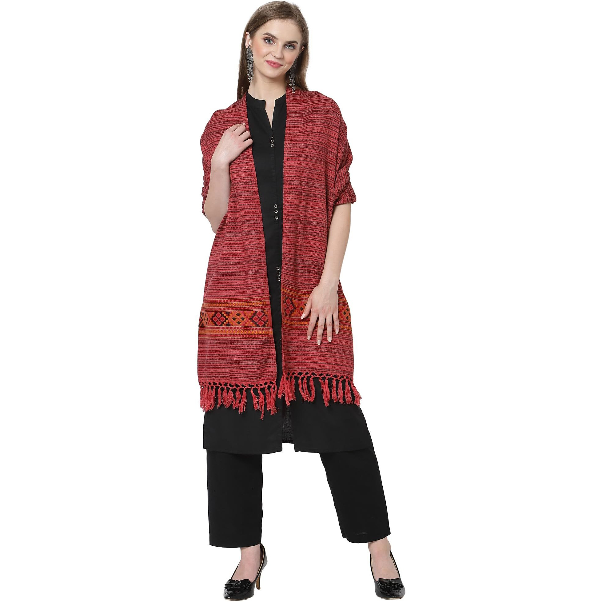 Weavers Villa Women's Cashmere Woven Kullu Design Woven Shawl (SH-400, Red), 100cm X 200cm