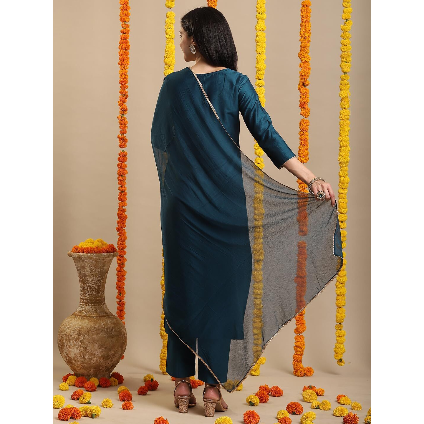 GoSriKi Women's Rayon Blend Straight Embroidered Kurta with Pant & Dupatta (SIKAND Cerosin-GS_M_Dark Blue_Medium)