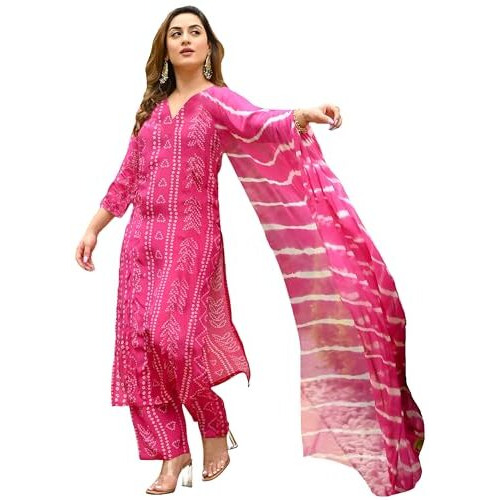 ANNI DESIGNER Women's Rayon Blend Straight Bandhej Printed Kurta with Pant & Dupatta (Baghira Pink_M_Pink_Medium)