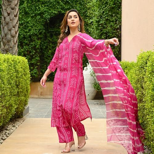 ANNI DESIGNER Women's Rayon Blend Straight Bandhej Printed Kurta with Pant & Dupatta (Baghira Pink_M_Pink_Medium)