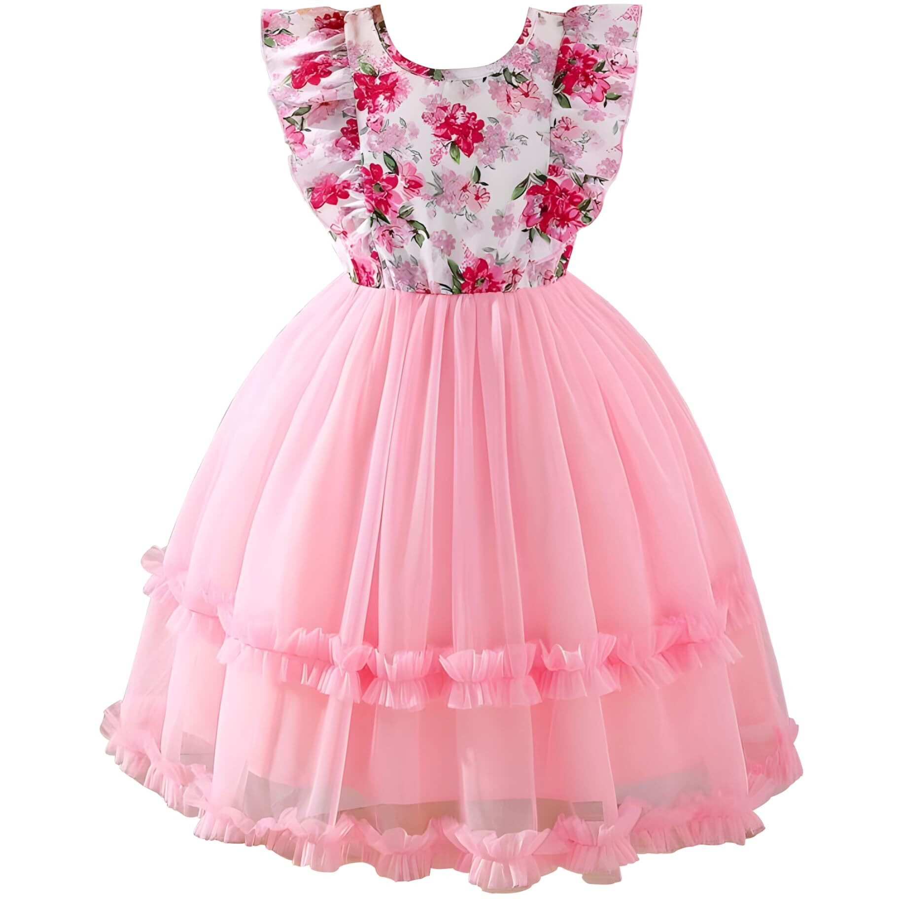 Niren Enterprise Pink Ocean Net Flair Baby Frock for Kids Girl (Pink Ocean, 5-6 Years)