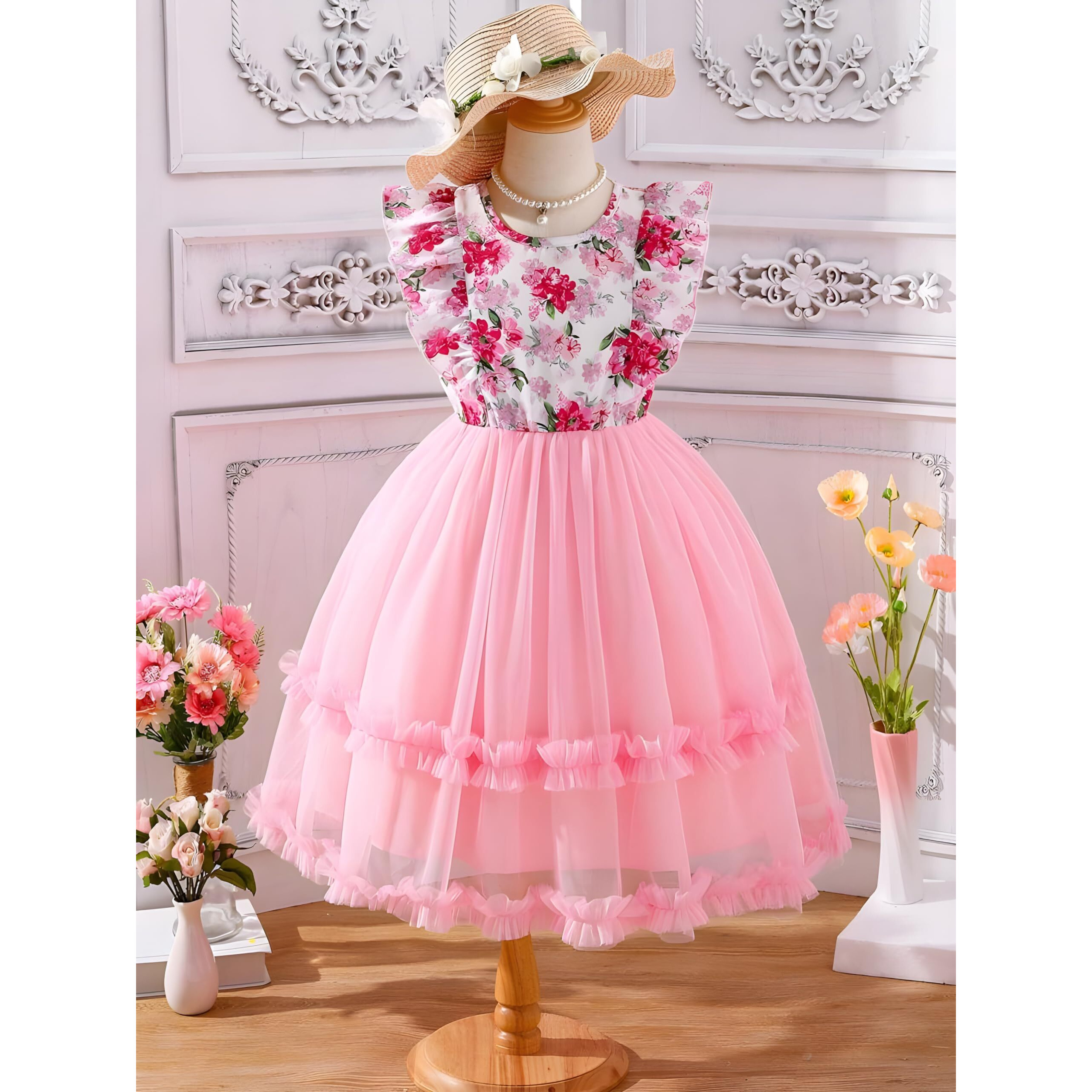 Niren Enterprise Pink Ocean Net Flair Baby Frock for Kids Girl (Pink Ocean, 5-6 Years)