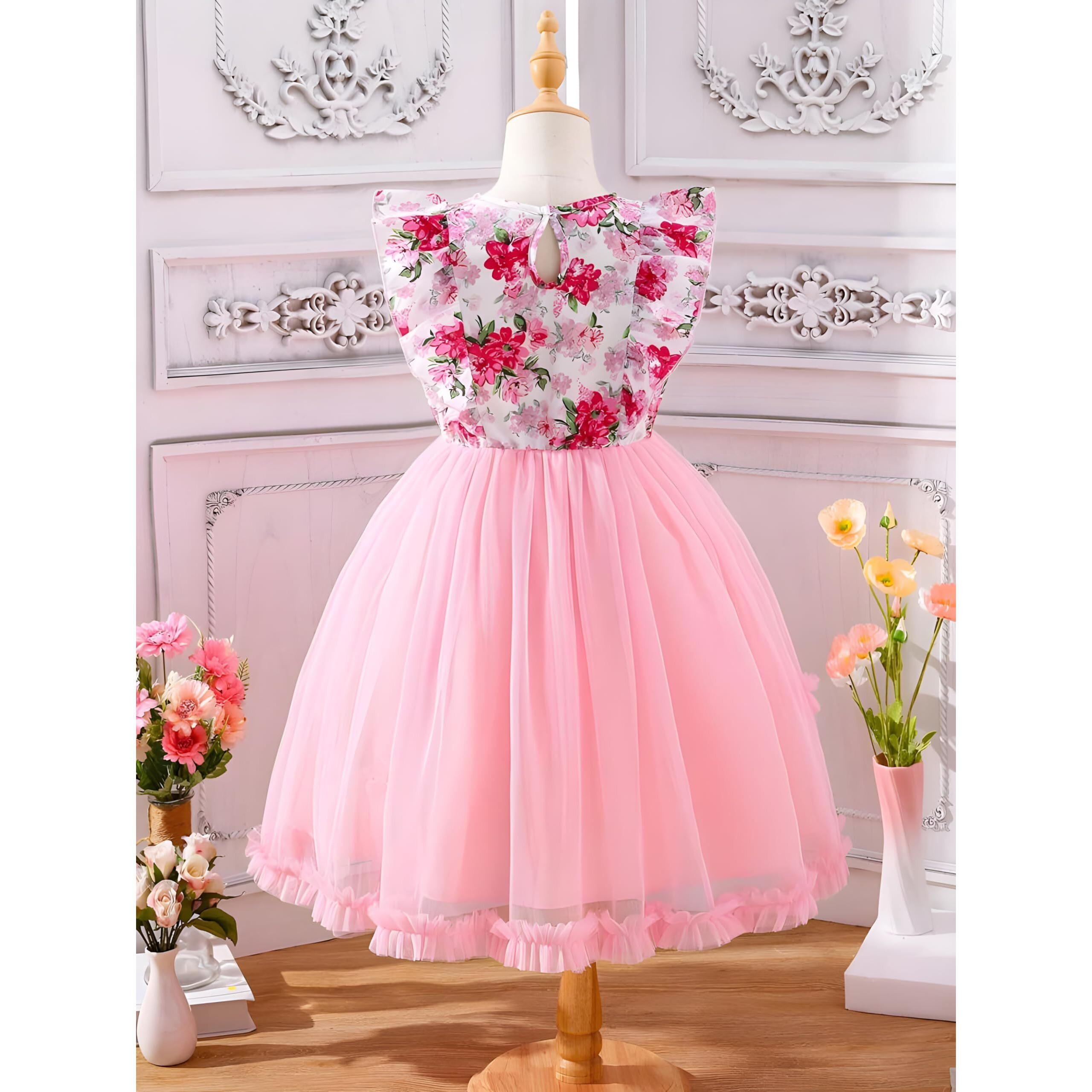 Niren Enterprise Pink Ocean Net Flair Baby Frock for Kids Girl (Pink Ocean, 5-6 Years)