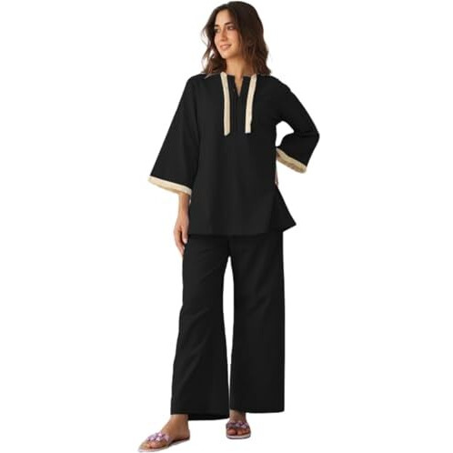 GRECIILOOKS Polycotton Ethnic Mid-Thigh Length Stylish | Festive Travel Co Ord Kurta Set for Women (GL-W2048&TR1023_Black_XL)