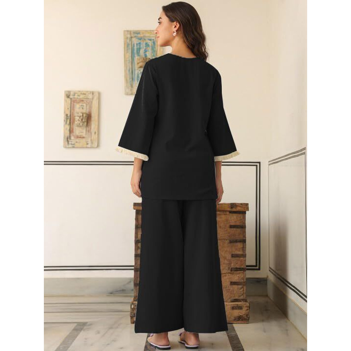 GRECIILOOKS Polycotton Ethnic Mid-Thigh Length Stylish | Festive Travel Co Ord Kurta Set for Women (GL-W2048&TR1023_Black_XL)