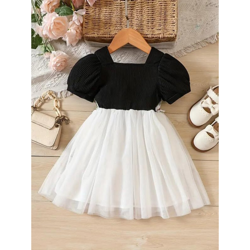 Niren Enterprise 1019 Floral Embroidery net and Modal Short Sleeve Baby Girl Frock (Black, 2-3Y)