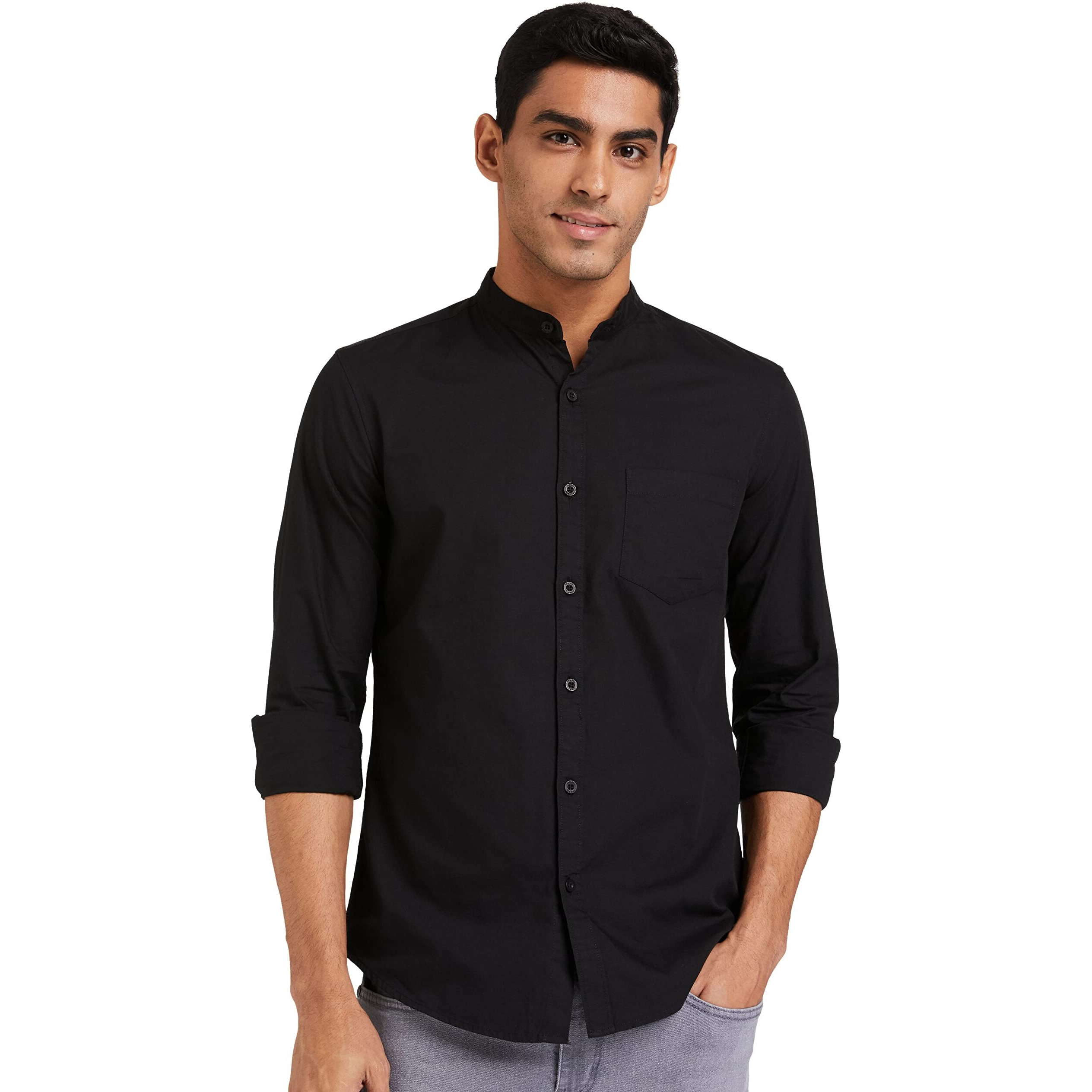 Amazon Brand - Symbol Men's Cotton Shirt | Chinese Collar | Casual | Plain | Full Sleeve | Summer - Regular Fit (Available in Plus Size) (Black_XL)