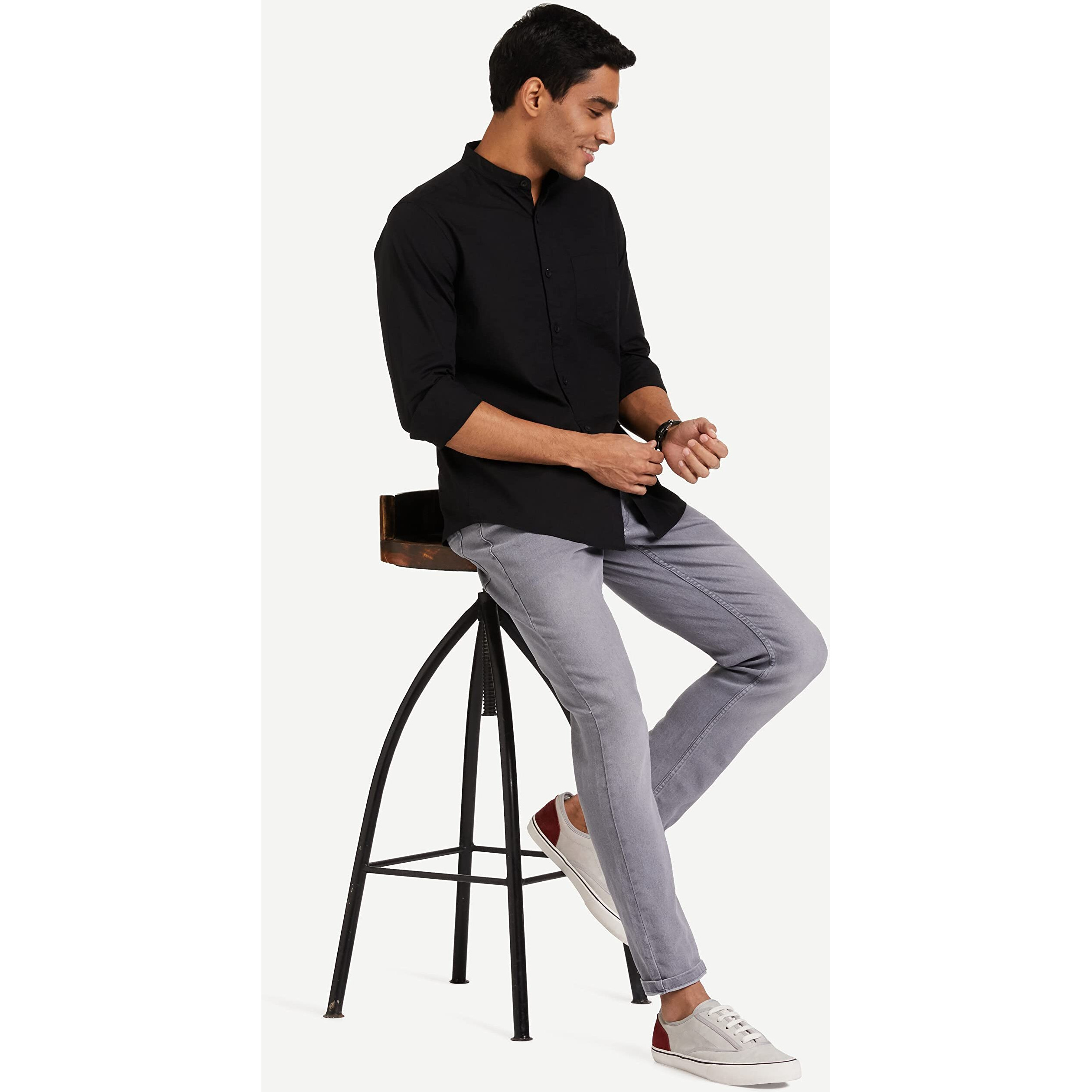 Amazon Brand - Symbol Men's Cotton Shirt | Chinese Collar | Casual | Plain | Full Sleeve | Summer - Regular Fit (Available in Plus Size) (Black_XL)