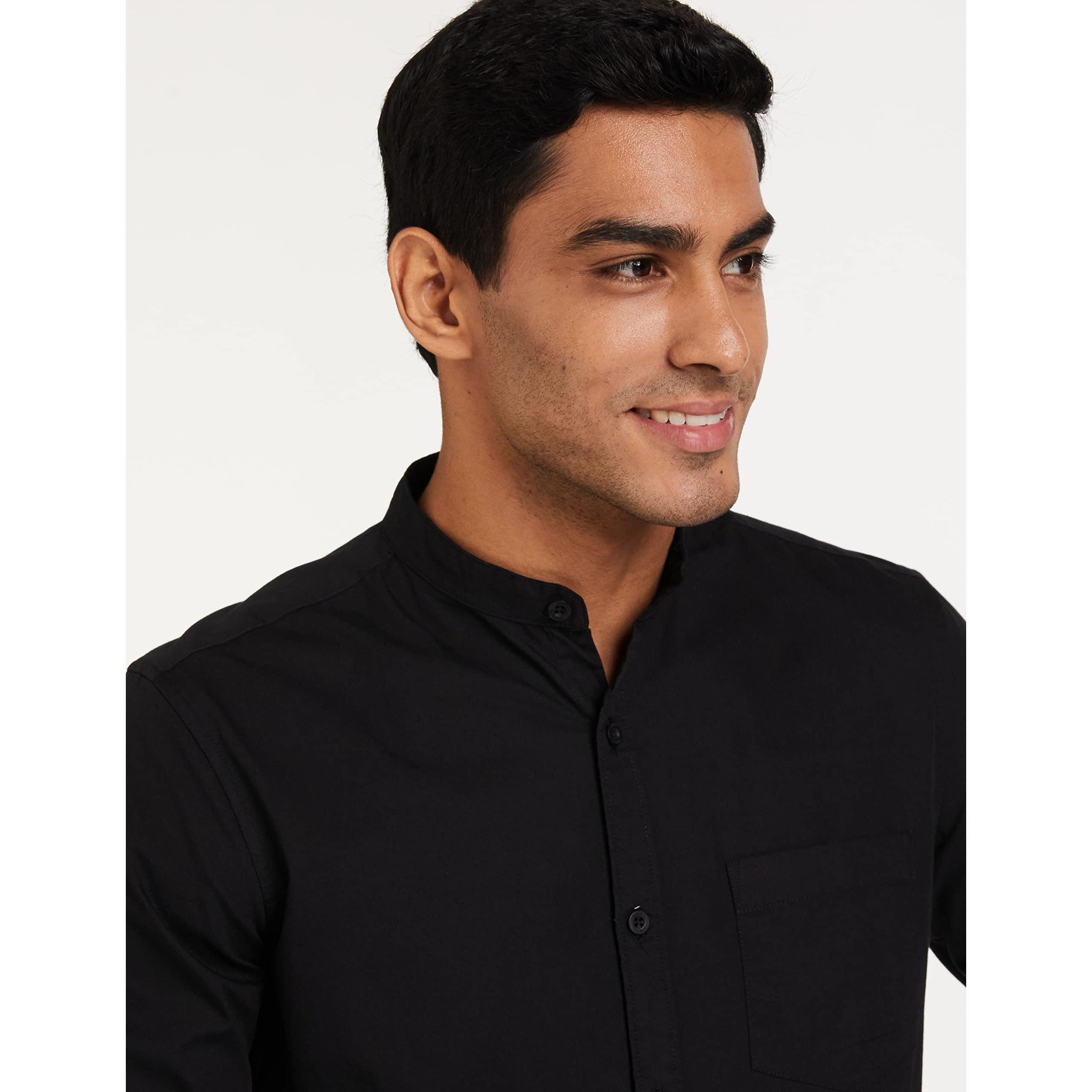 Amazon Brand - Symbol Men's Cotton Shirt | Chinese Collar | Casual | Plain | Full Sleeve | Summer - Regular Fit (Available in Plus Size) (Black_XL)
