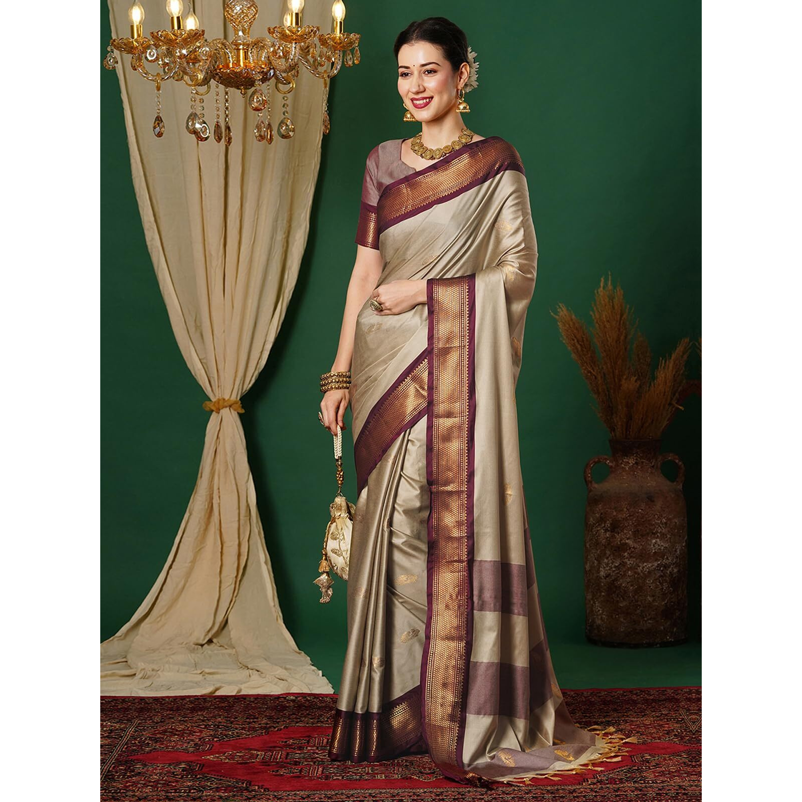 SWARON Women's Banarasi Jacquard Kanjivaram Silk Saree with Unstitched Blouse Piece (3743S109NW_Beige & Wine)