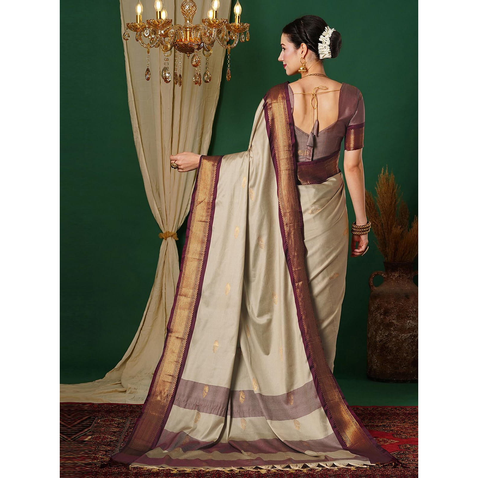 SWARON Women's Banarasi Jacquard Kanjivaram Silk Saree with Unstitched Blouse Piece (3743S109NW_Beige & Wine)