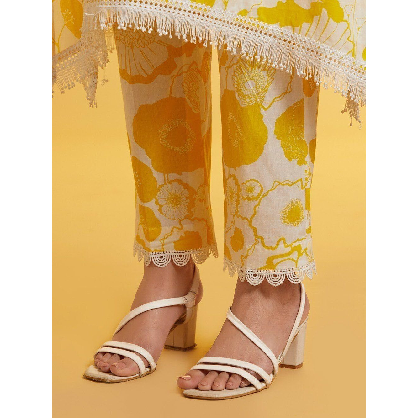 LookMark Women's Printed Cotton Blend Straight Kurta Pant Set with Lace - Comfortable Ethnic Wear for Women, Elegant Design, Suitable for Various Occasions (AZ-LM-OG-KS2118 Yellow-XL)