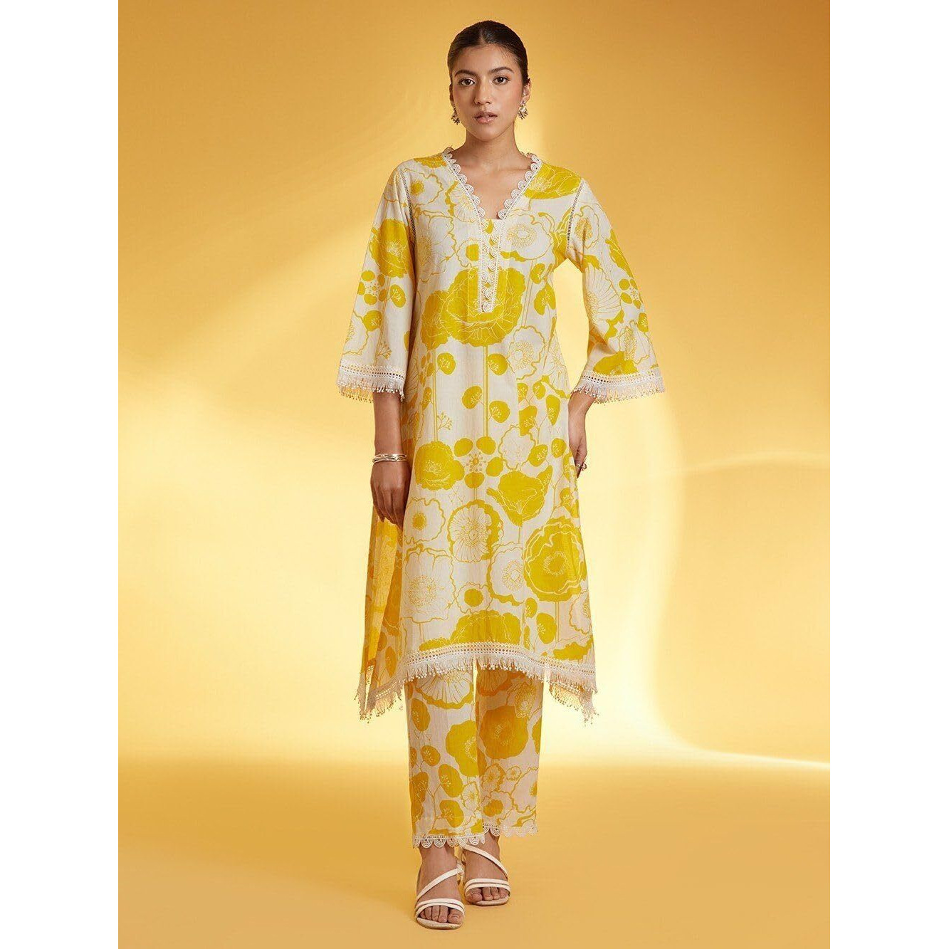 LookMark Women's Printed Cotton Blend Straight Kurta Pant Set with Lace - Comfortable Ethnic Wear for Women, Elegant Design, Suitable for Various Occasions (AZ-LM-OG-KS2118 Yellow-XL)