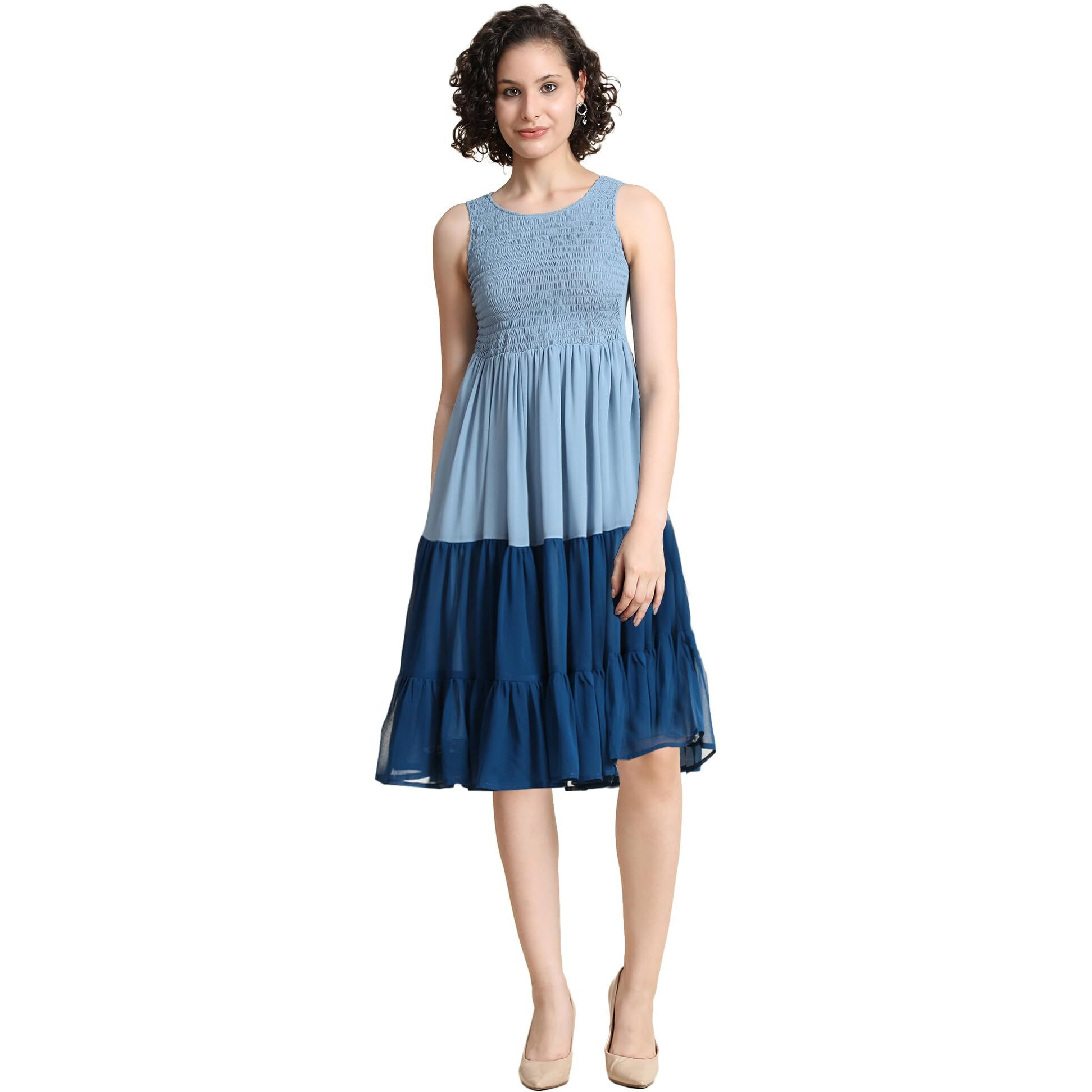 KERI PERRY Women's Pastel Blue Georgette Solid Fit & Flared Western Dress | Dress for Women | A line Dress | Winter Dress | Western Dress | Latest Women Dress | Trendy Dress | Midi Dress
