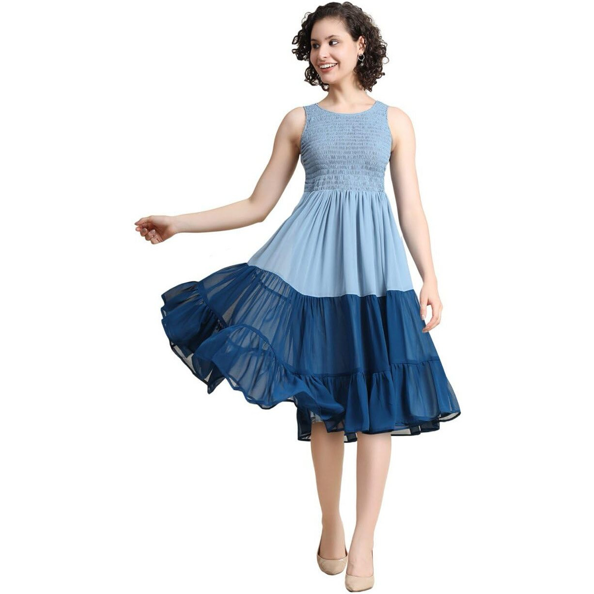 KERI PERRY Women's Pastel Blue Georgette Solid Fit & Flared Western Dress | Dress for Women | A line Dress | Winter Dress | Western Dress | Latest Women Dress | Trendy Dress | Midi Dress
