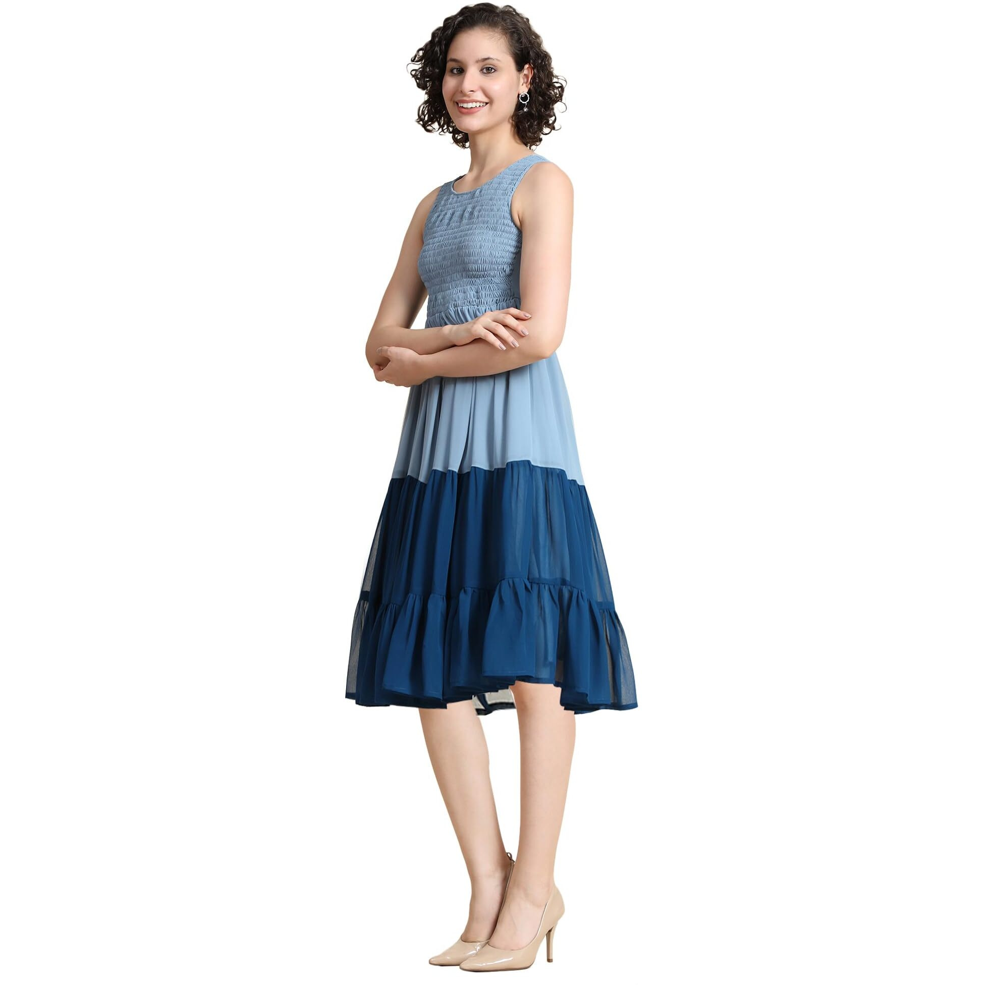 KERI PERRY Women's Pastel Blue Georgette Solid Fit & Flared Western Dress | Dress for Women | A line Dress | Winter Dress | Western Dress | Latest Women Dress | Trendy Dress | Midi Dress