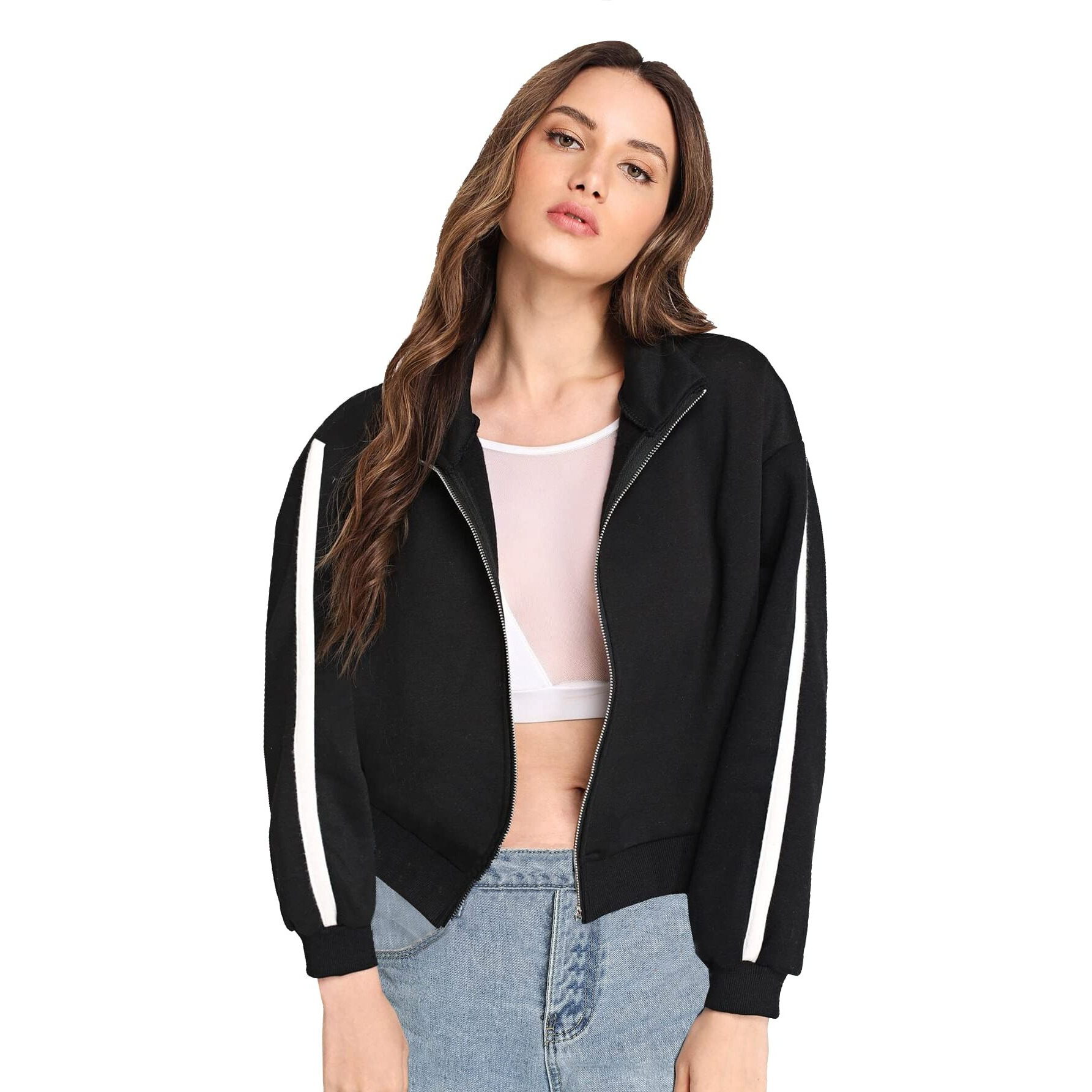 Fabricorn Women's Fleece Collared Neck Sweatshirt (Ss03_Blk_Slv1Whtstripe2_XXL_Black_2XL)