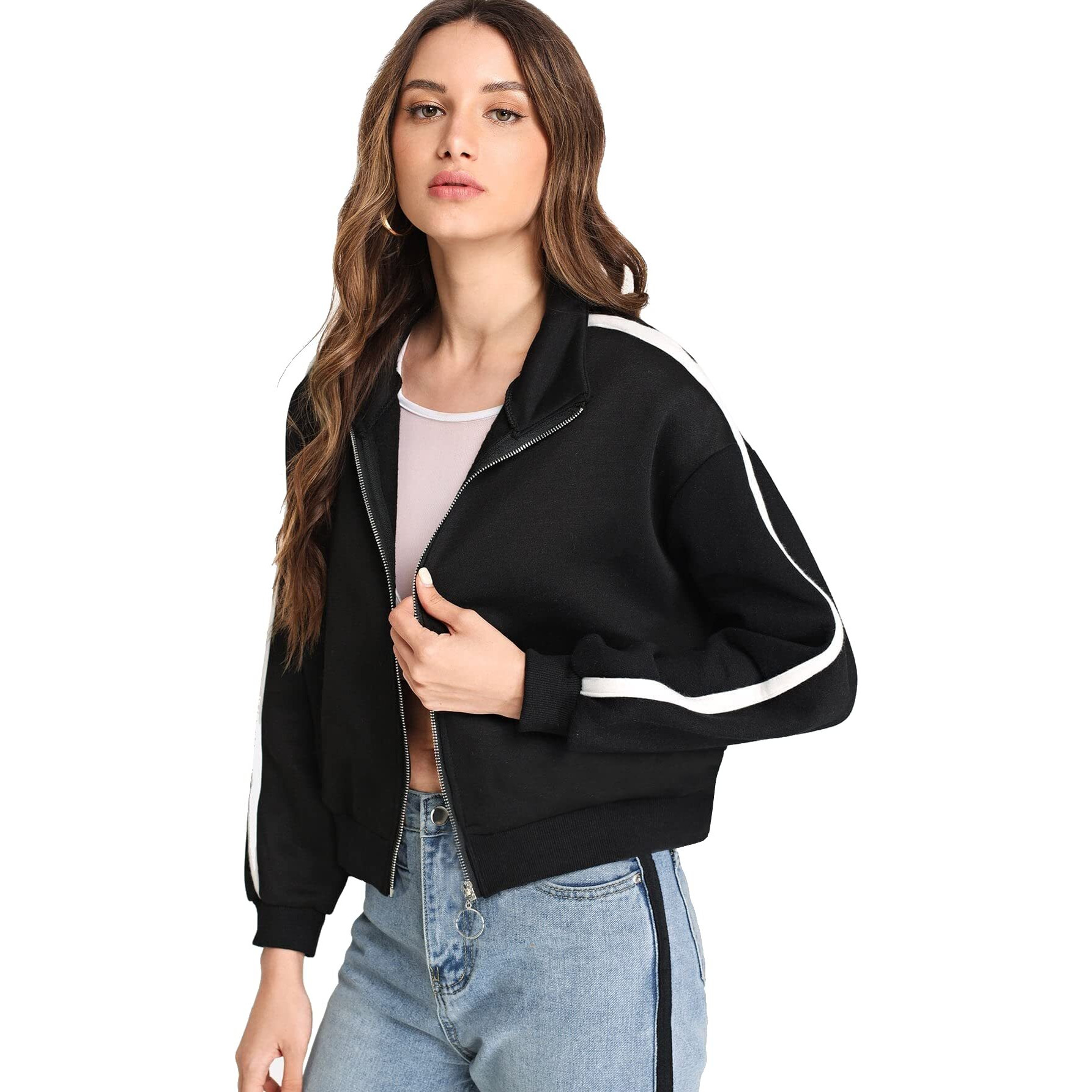Fabricorn Women's Fleece Collared Neck Sweatshirt (Ss03_Blk_Slv1Whtstripe2_XXL_Black_2XL)