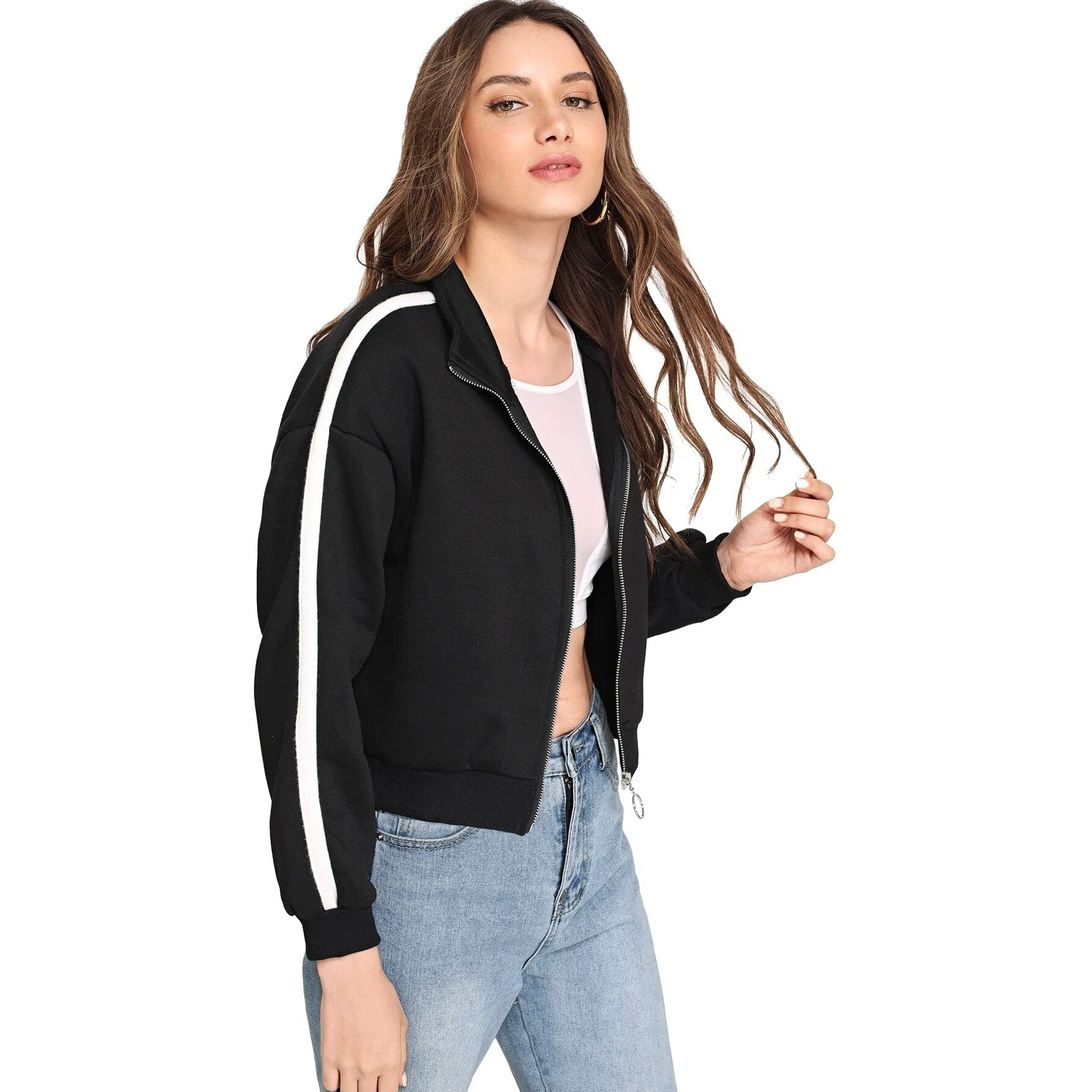 Fabricorn Women's Fleece Collared Neck Sweatshirt (Ss03_Blk_Slv1Whtstripe2_XXL_Black_2XL)