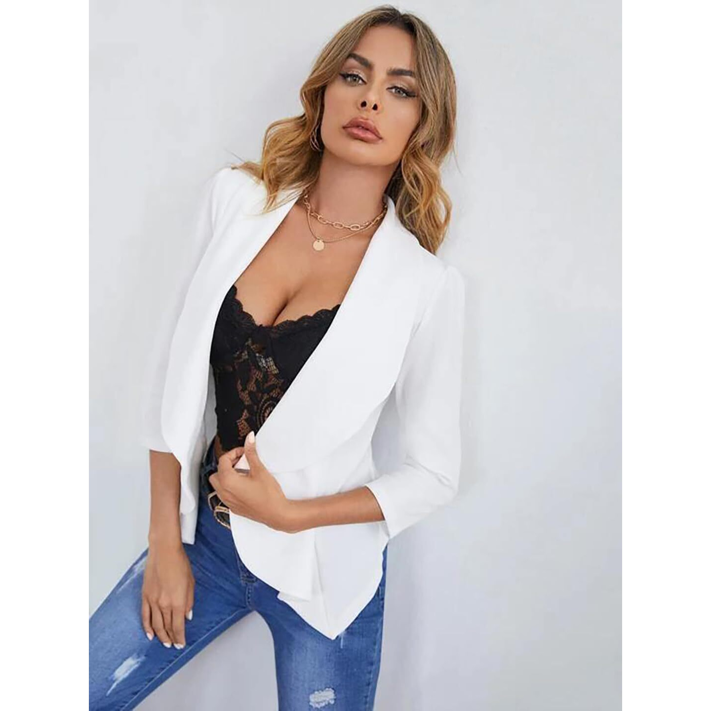 KOTTY Women's Single Breasted Relaxed Fit Shawl Collar 3/4 Sleeve Blazer Snow White