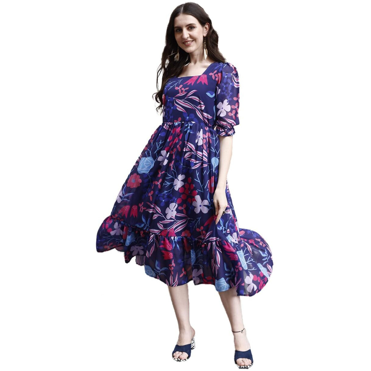 SMOWKLY Women's Georgette Floral Printed Indo-Western Ethnic Gown || Half Sleeve V Neck Fit & Flare Flared Hem Design || Casual Wear A-Line Maxi Dress 1323_BL_L Blue