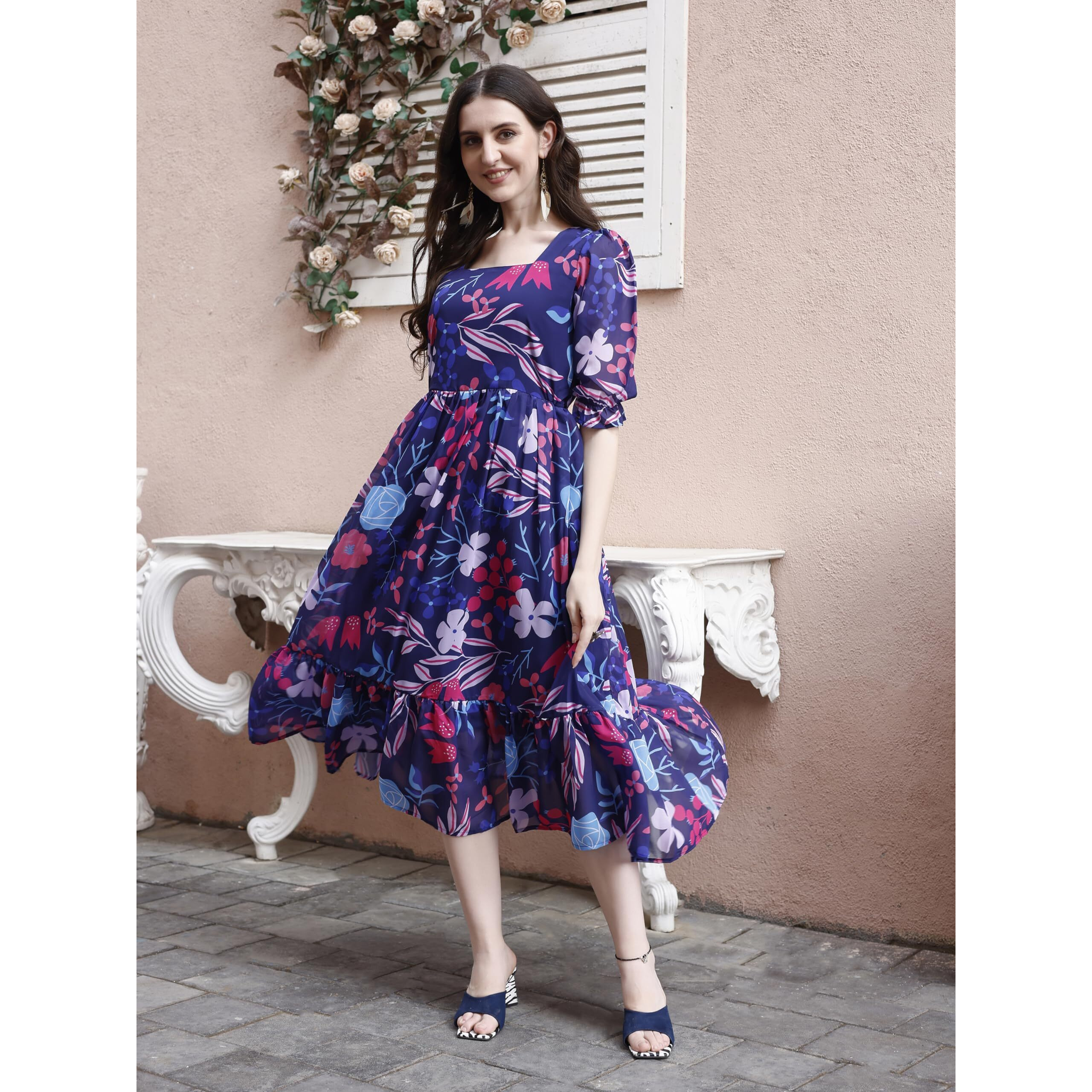 SMOWKLY Women's Georgette Floral Printed Indo-Western Ethnic Gown || Half Sleeve V Neck Fit & Flare Flared Hem Design || Casual Wear A-Line Maxi Dress 1323_BL_L Blue