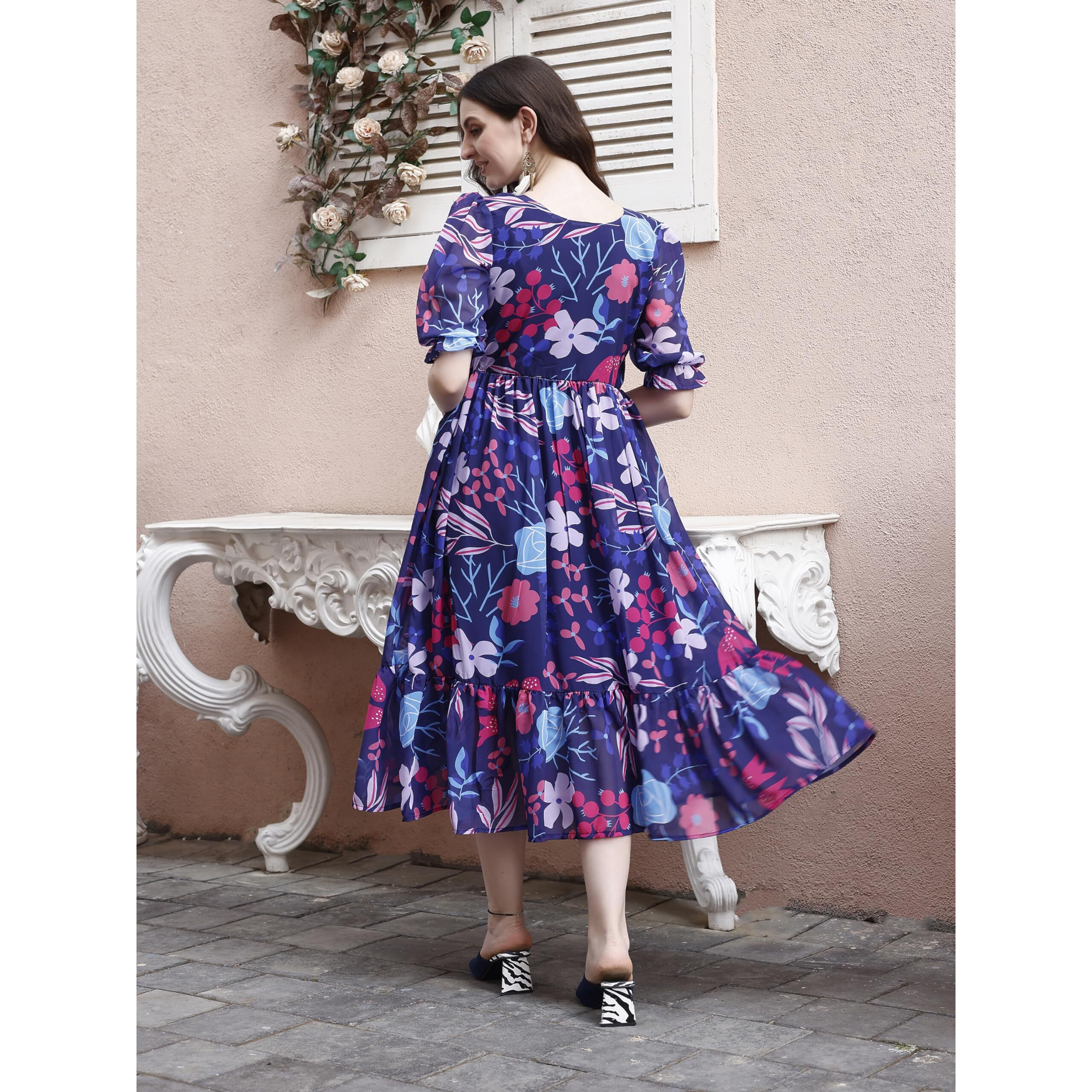 SMOWKLY Women's Georgette Floral Printed Indo-Western Ethnic Gown || Half Sleeve V Neck Fit & Flare Flared Hem Design || Casual Wear A-Line Maxi Dress 1323_BL_L Blue