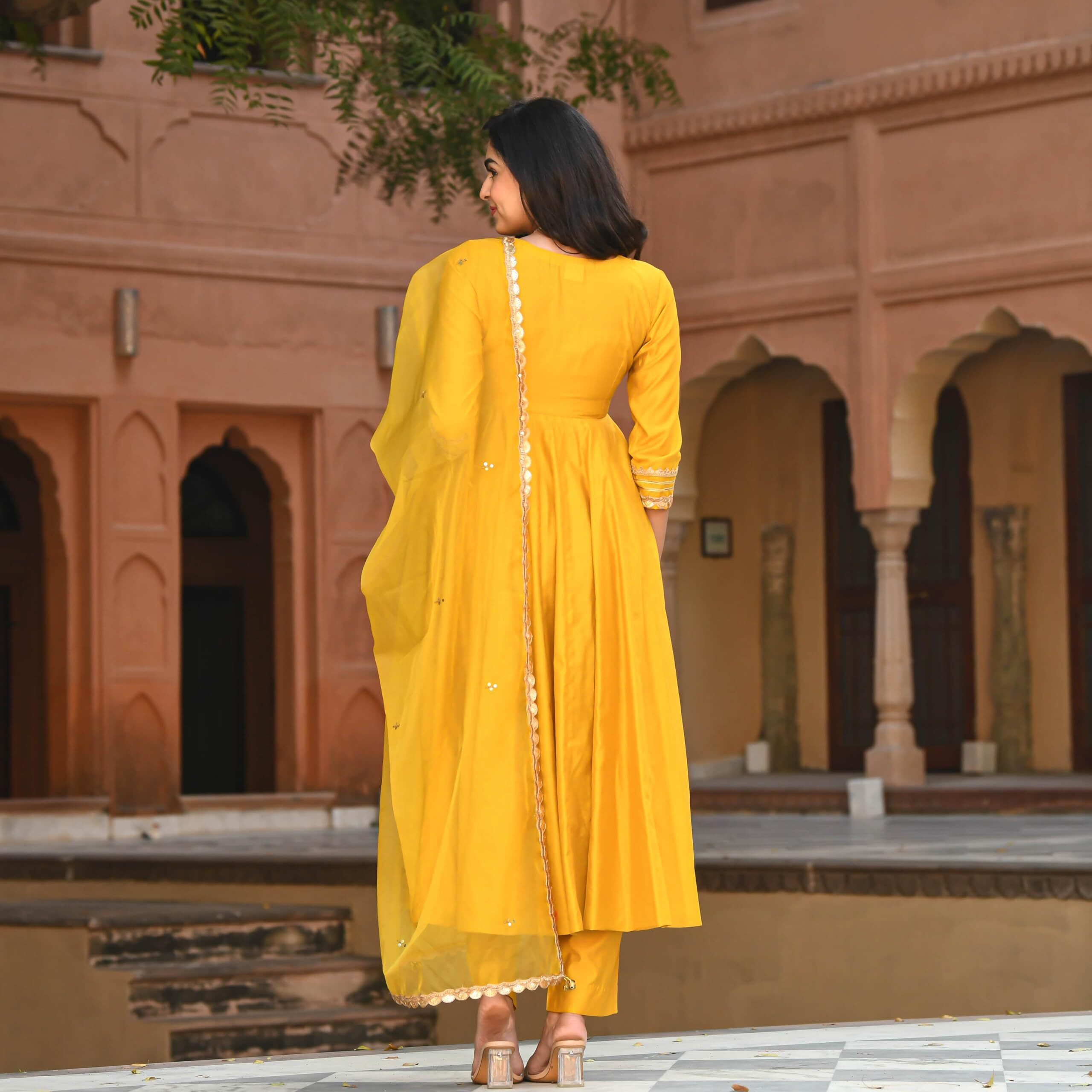 GoSriKi Women's Rayon Blend Anarkali Solid Kurta with Pant & Dupatta (SITAPATI Yellow-GS_S_Yellow_Small)