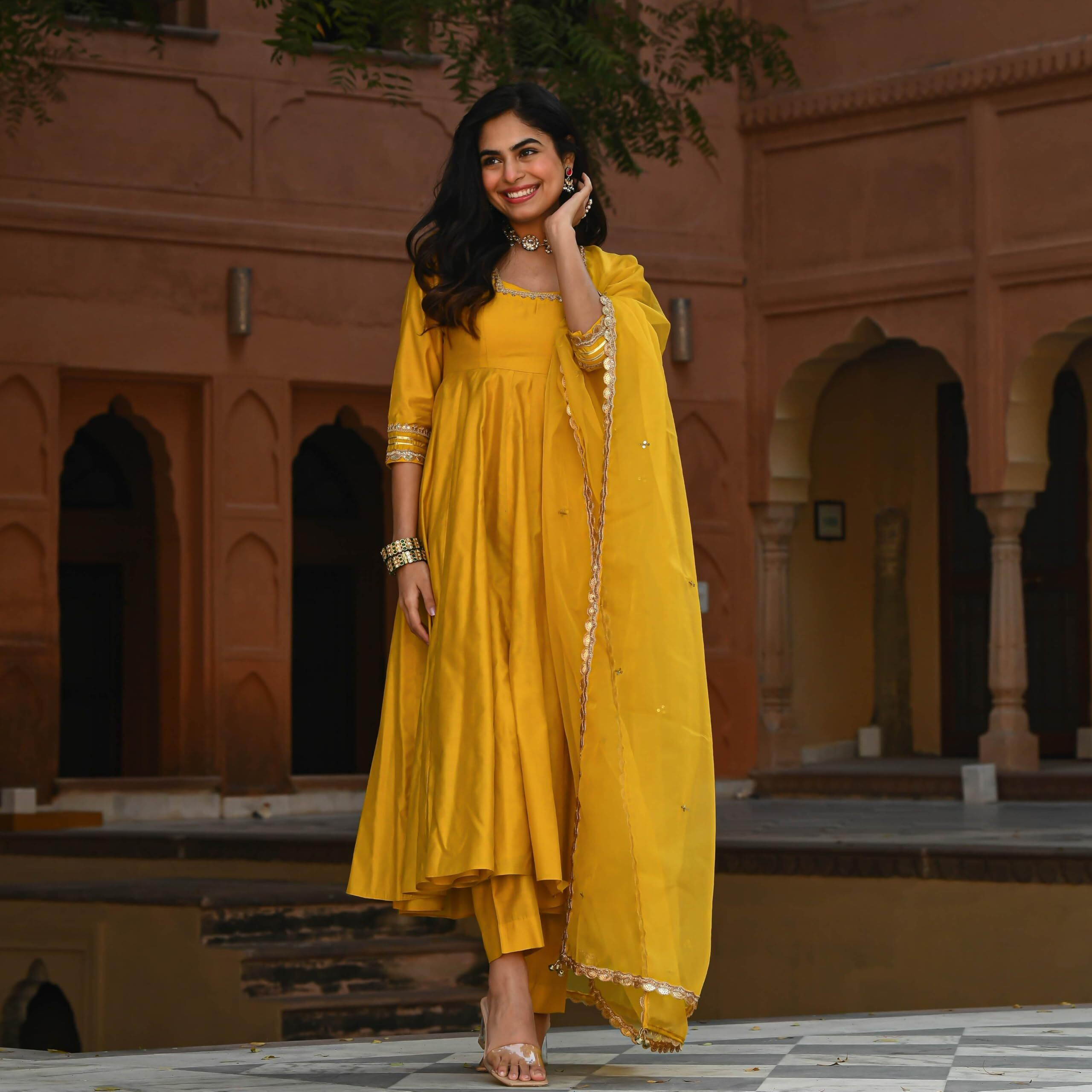 GoSriKi Women's Rayon Blend Anarkali Solid Kurta with Pant & Dupatta (SITAPATI Yellow-GS_S_Yellow_Small)