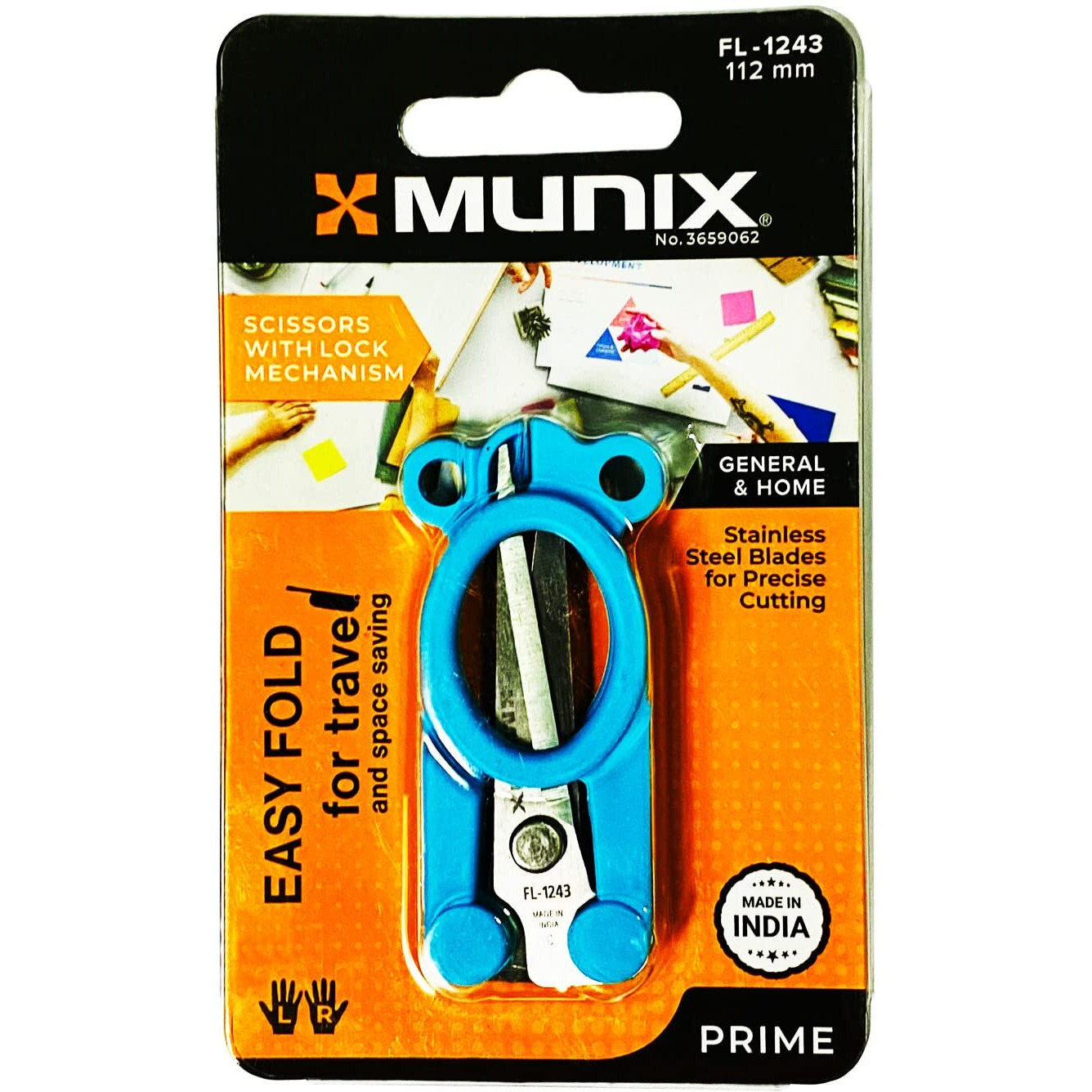 Munix FL-1243 112 mm / 4.4" Stainless Steel Foldable Scissors | Pointed Tip Blade with Lock Mechanism | Asymmetrical Handles for Easy Grip | Blue & Green, Pack of 2 - Color May Vary