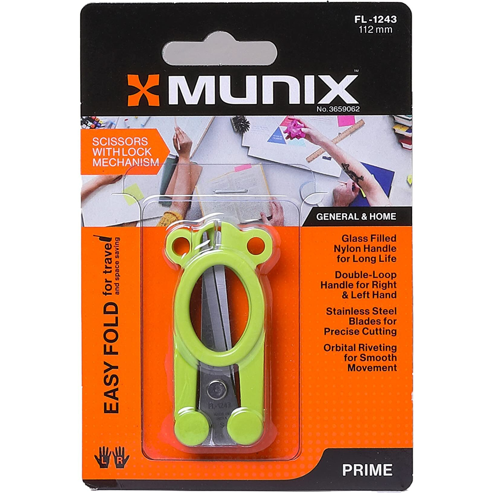 Munix FL-1243 112 mm / 4.4" Stainless Steel Foldable Scissors | Pointed Tip Blade with Lock Mechanism | Asymmetrical Handles for Easy Grip | Blue & Green, Pack of 2 - Color May Vary