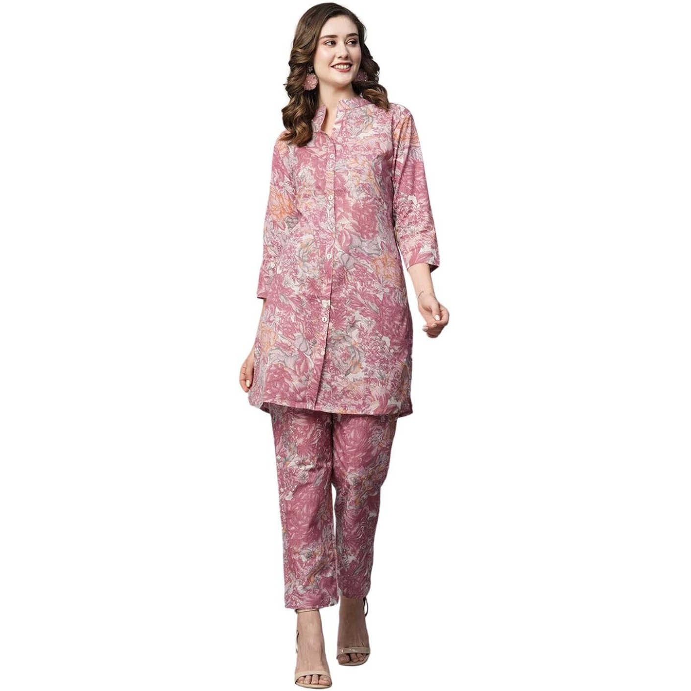 rytras Women's Cotton Printed Straight Kurta and Pant Set(Light Pink,XL)