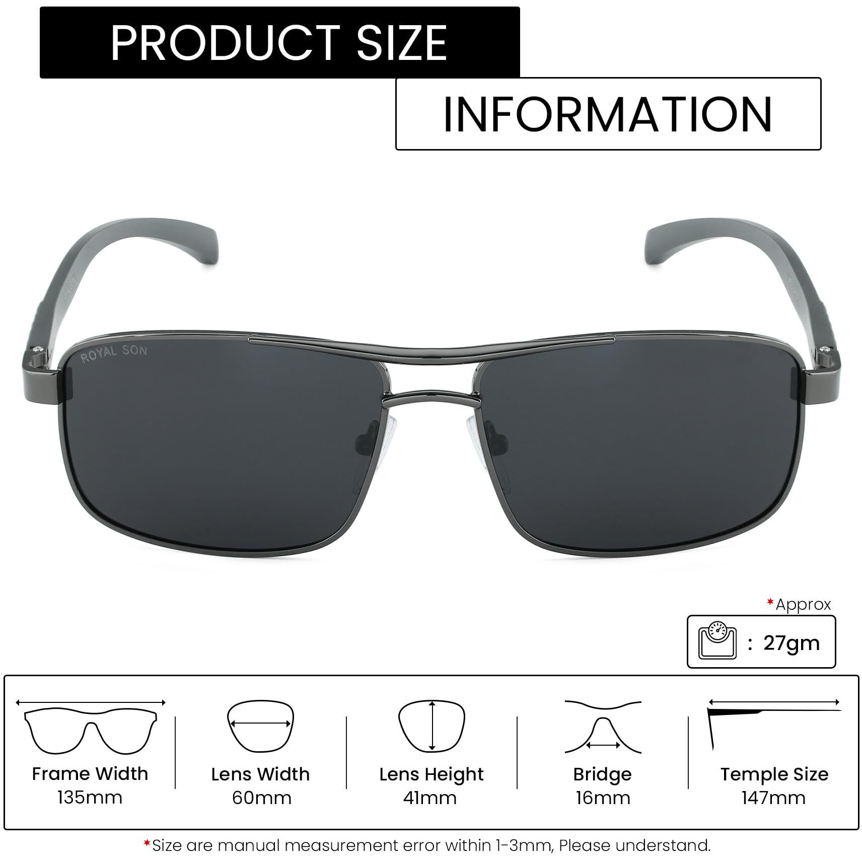 ROYAL SON Men Polarization Rectangular Sunglasses Black Frame, Black Lens (Large) - 1 Sunglasses, 1 Cleaning Cloth, 1 Glasses Box
