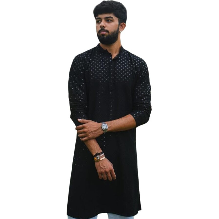 LookMark Present Men's Pure Rayon Chikankari Sequins Kurta||Men's Chikankari Black Coloured Kurta|| AZ-LM-OG-Kurta 11 Black-XL