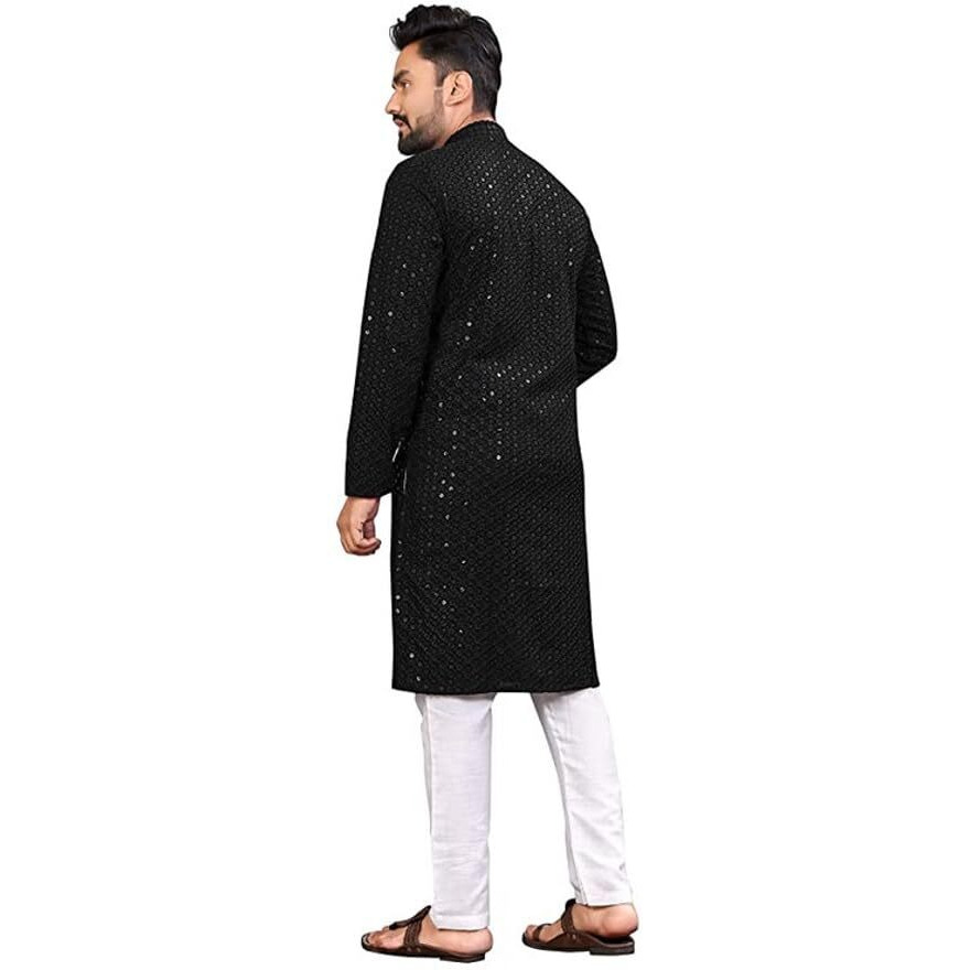 LookMark Present Men's Pure Rayon Chikankari Sequins Kurta||Men's Chikankari Black Coloured Kurta|| AZ-LM-OG-Kurta 11 Black-XL