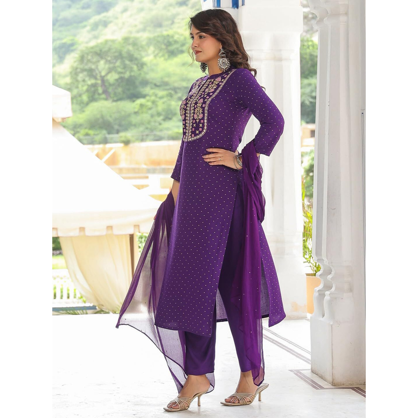 GoSriKi Women's Cotton Blend Straight Embroidered Kurta with Pant & Dupatta (RAJI-BEGANI-NKJ-GS_5XL_Purple_XXXXX-Large)