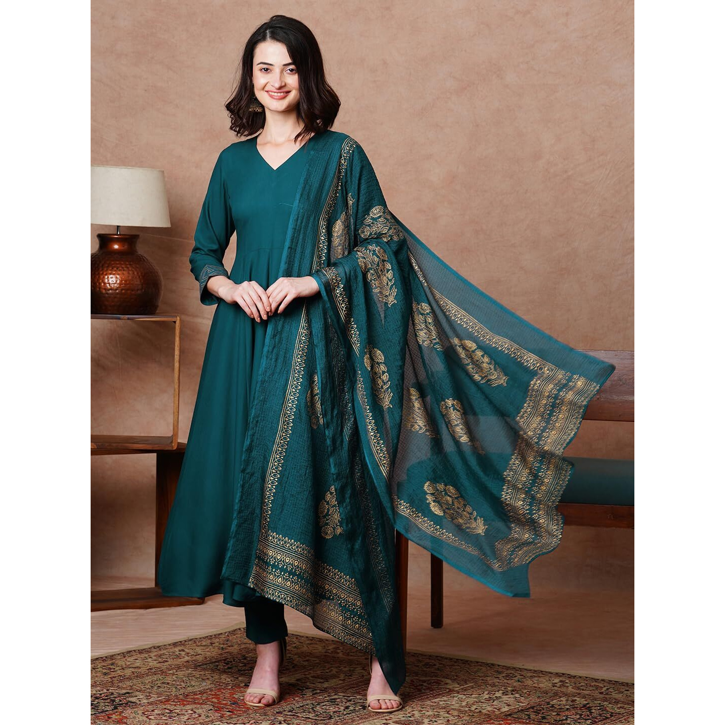 GoSriKi Women's Rayon Blend Solid Anarkali Kurta with Pant & Dupatta (Magic-KEROSIN-NDM-GS_S_Dark Blue_Small)