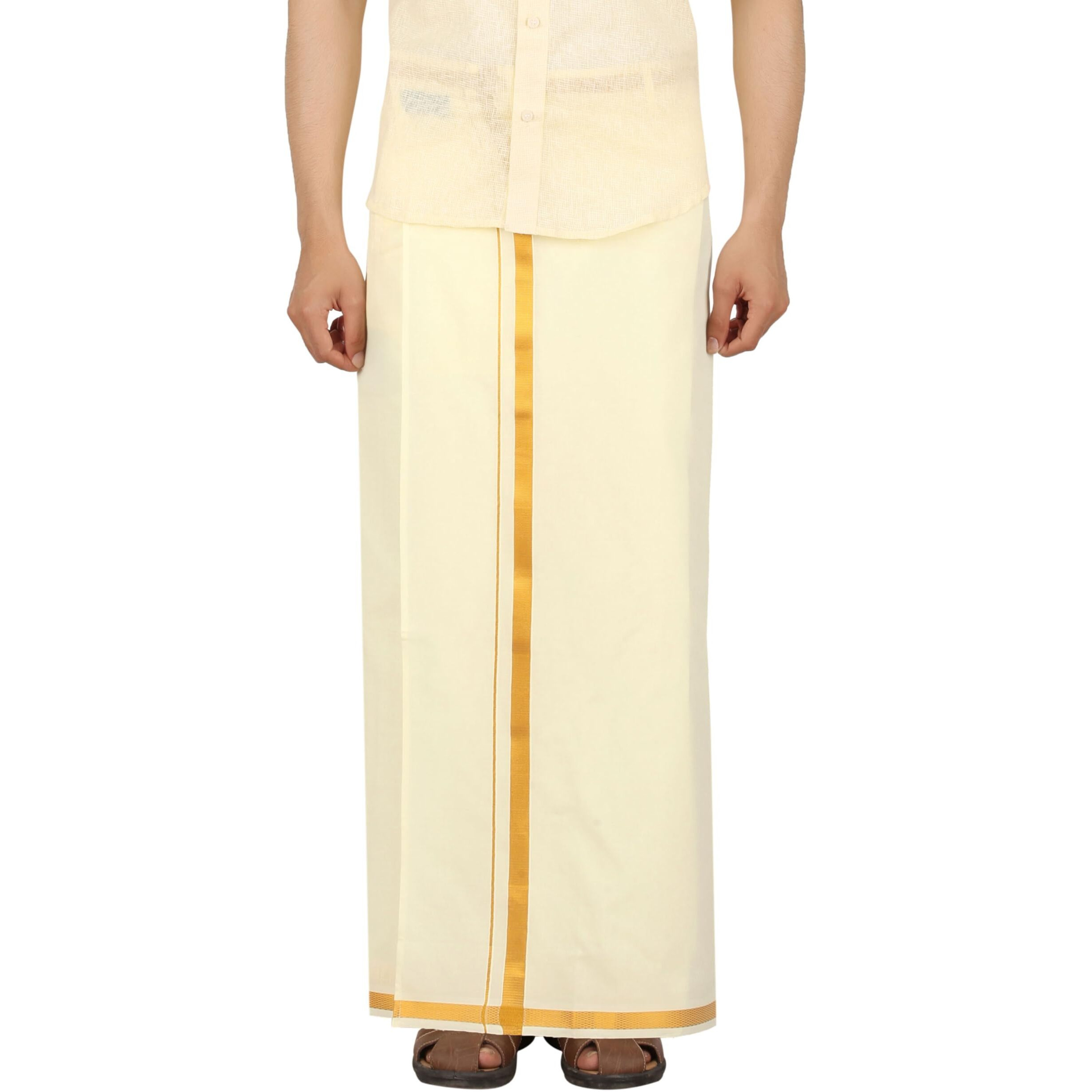 PRAKASAM COTTON Cream Colour-Gold Jari Border Welcro Pocket Stitched dhoti for mens/Size Hip -38 inches- Length- 42 inches