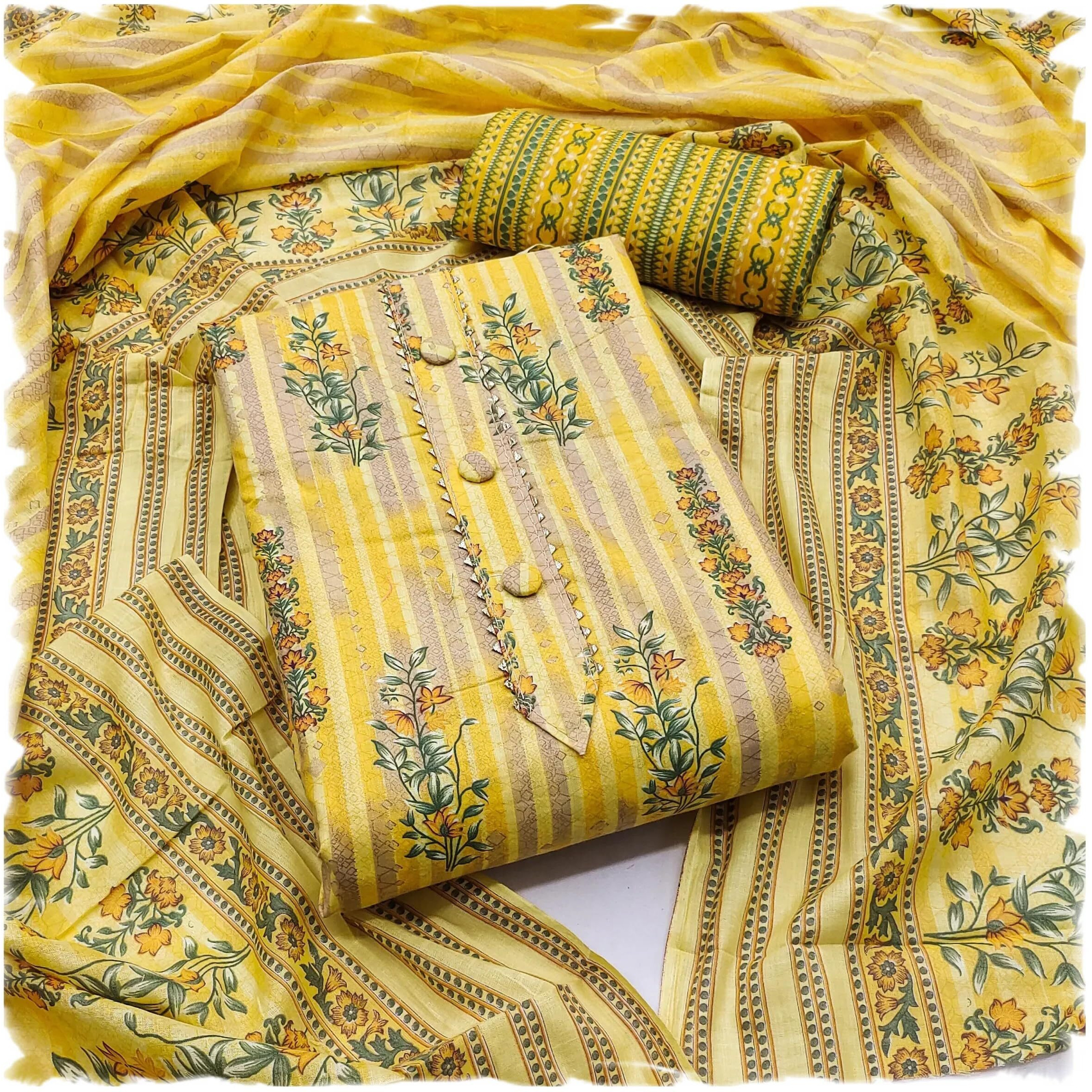 StyleScope Women's Cambric Cotton Batik Printed Unstitched Salwar Suit Dress Material With Printed Dupatta (DM Batik Yellow_Yellow_Free Size)