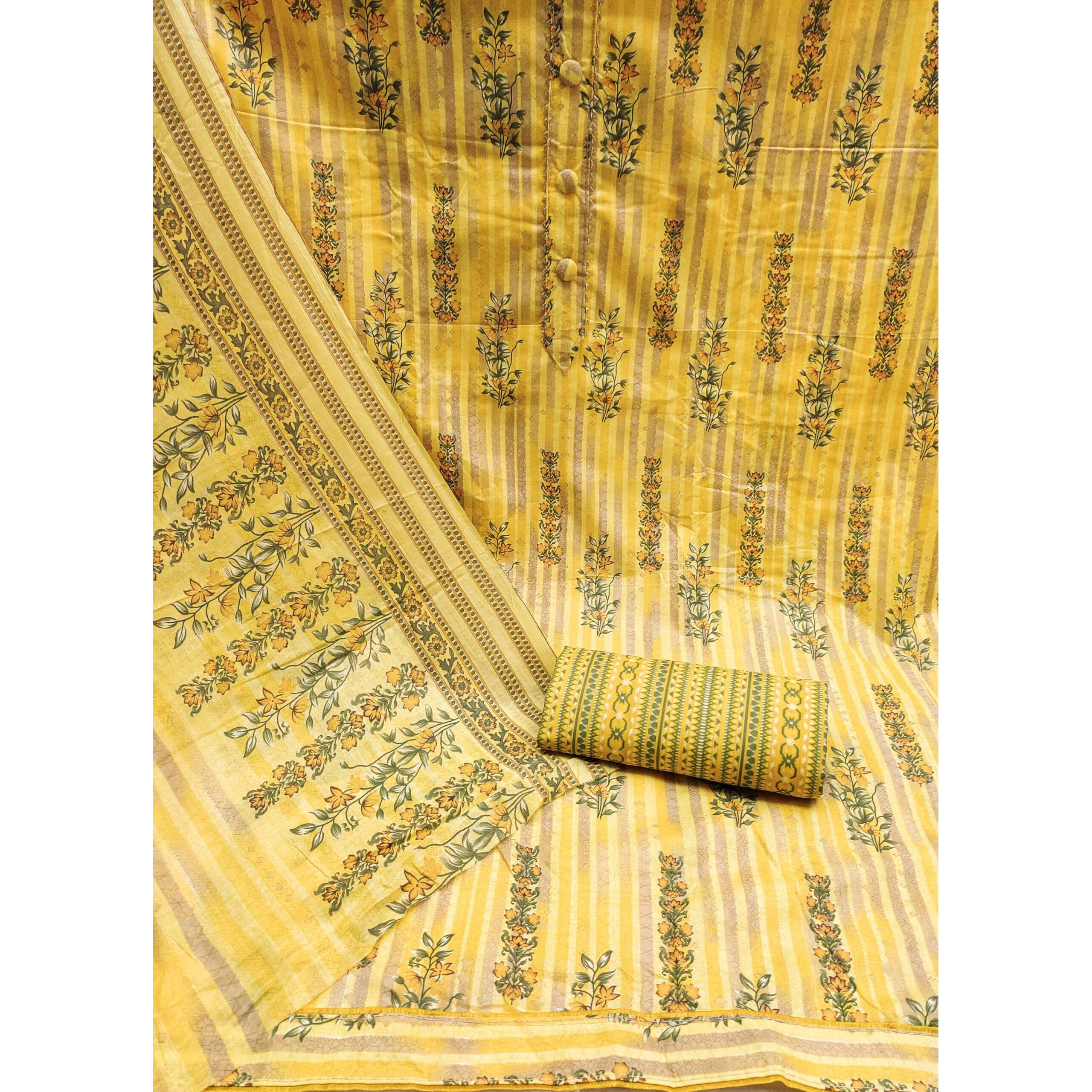 StyleScope Women's Cambric Cotton Batik Printed Unstitched Salwar Suit Dress Material With Printed Dupatta (DM Batik Yellow_Yellow_Free Size)
