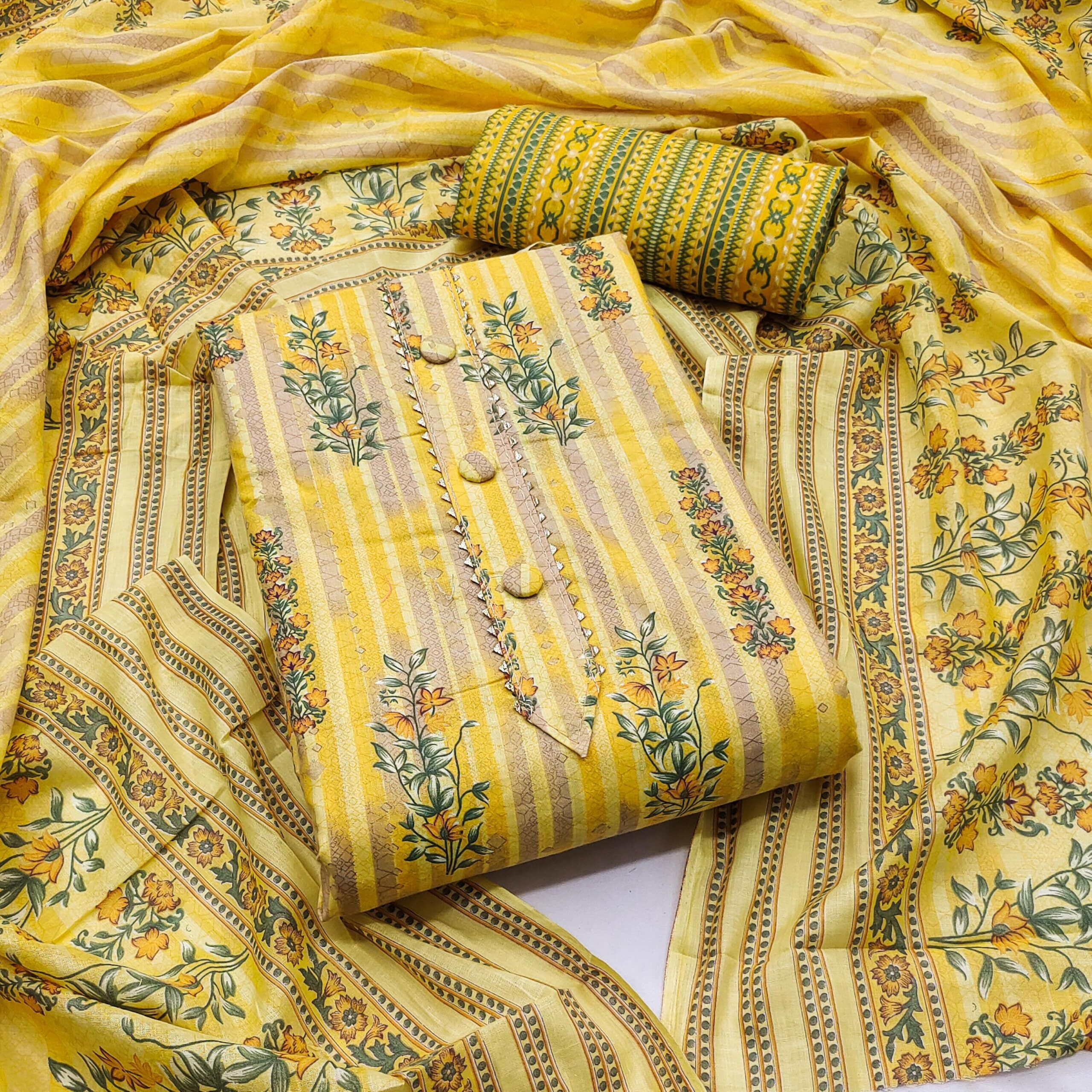 StyleScope Women's Cambric Cotton Batik Printed Unstitched Salwar Suit Dress Material With Printed Dupatta (DM Batik Yellow_Yellow_Free Size)