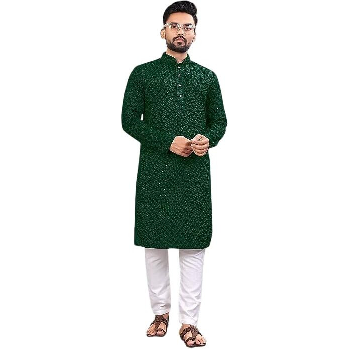 LookMark Present Men's Pure Rayon Chikankari Sequins Kurta||Men's Chikankari Green Coloured Kurta|| AZ-LM-OG-Kurta 11 Green-M