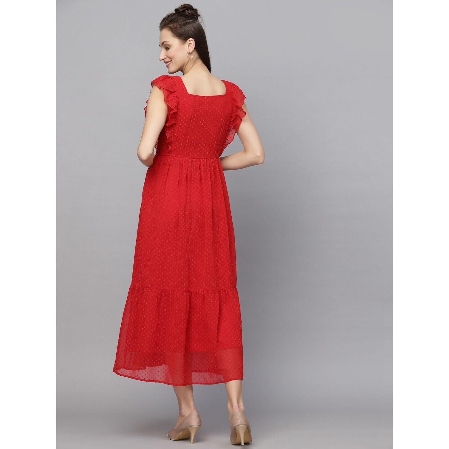 Sugathari Georgette Jacquard Butti Red Square Neck Knee Length Western Dresses for Women (Dress2 89 Red L)