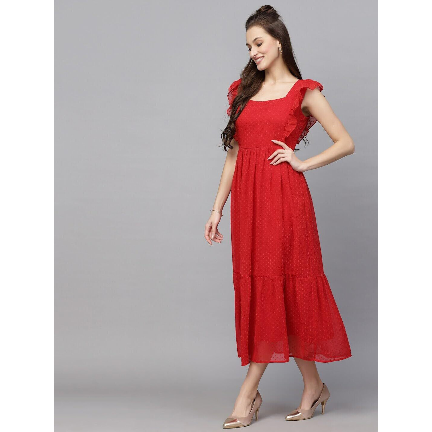 Sugathari Georgette Jacquard Butti Red Square Neck Knee Length Western Dresses for Women (Dress2 89 Red L)