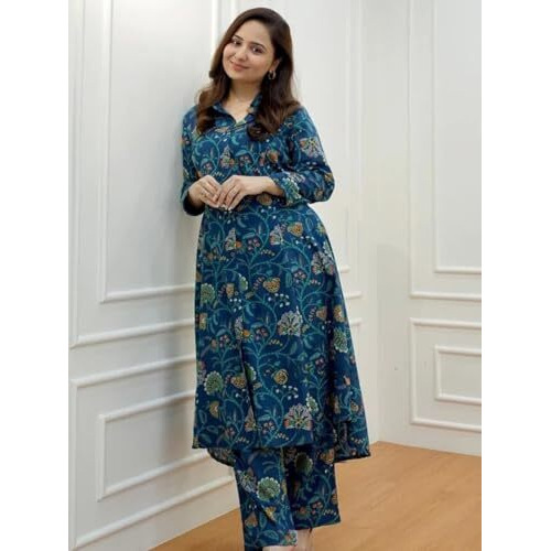 GRECIILOOKS Women Rayon W1836&TR893 Regular Fit Co Ord Kurta Sets (Blue, Large)