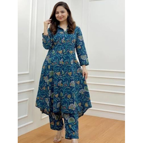 GRECIILOOKS Women Rayon W1836&TR893 Regular Fit Co Ord Kurta Sets (Blue, Large)